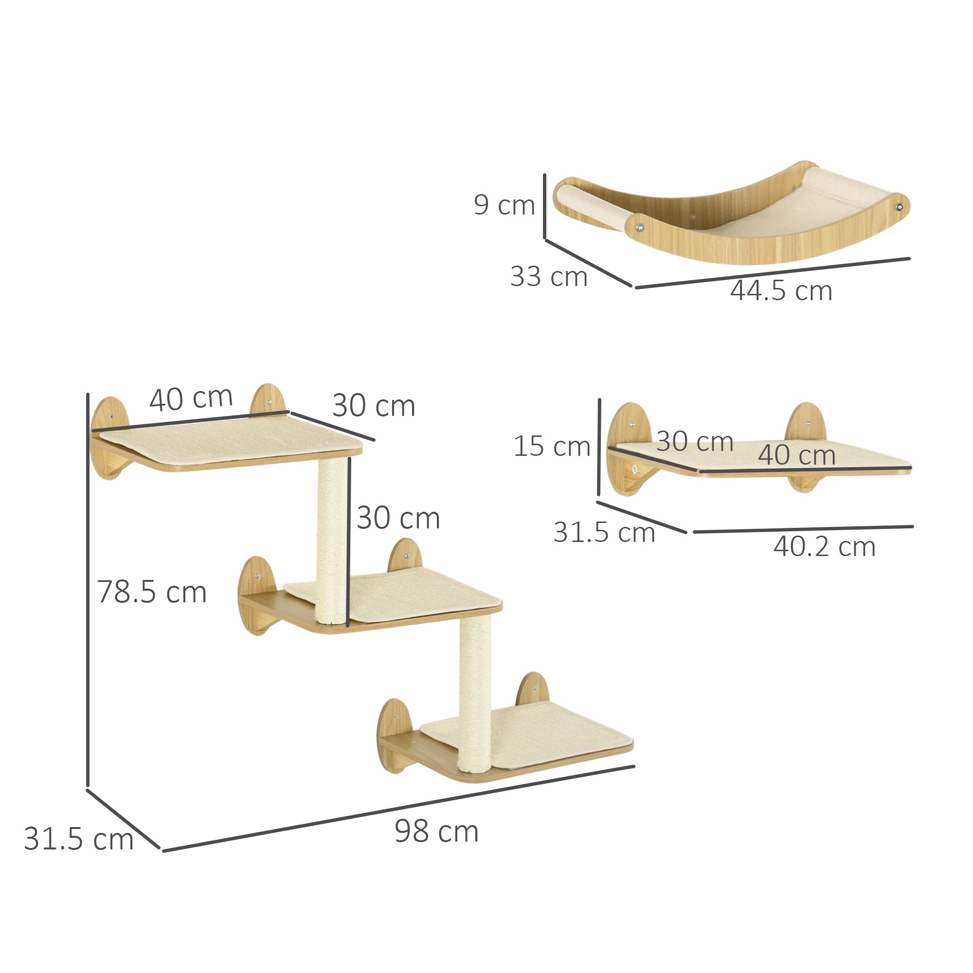 PawHut 3PCs Wall-Mounted Cat Shelves, with Jumping Platforms, Hammock, Scratching Post - Oak Tone - North Peak Garden Furniture