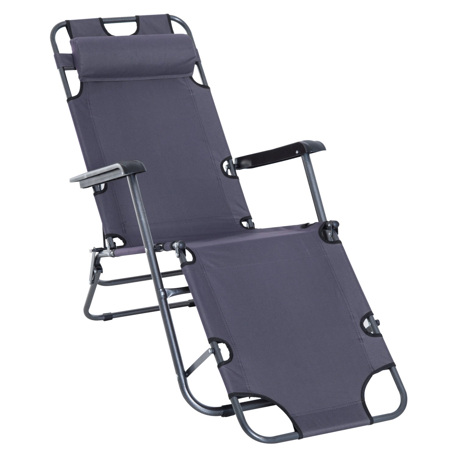 Outsunny 2 in 1 Sun Lounger Folding Reclining Chair Garden Outdoor Camping Adjustable Back with Pillow, Grey - North Peak Garden Furniture