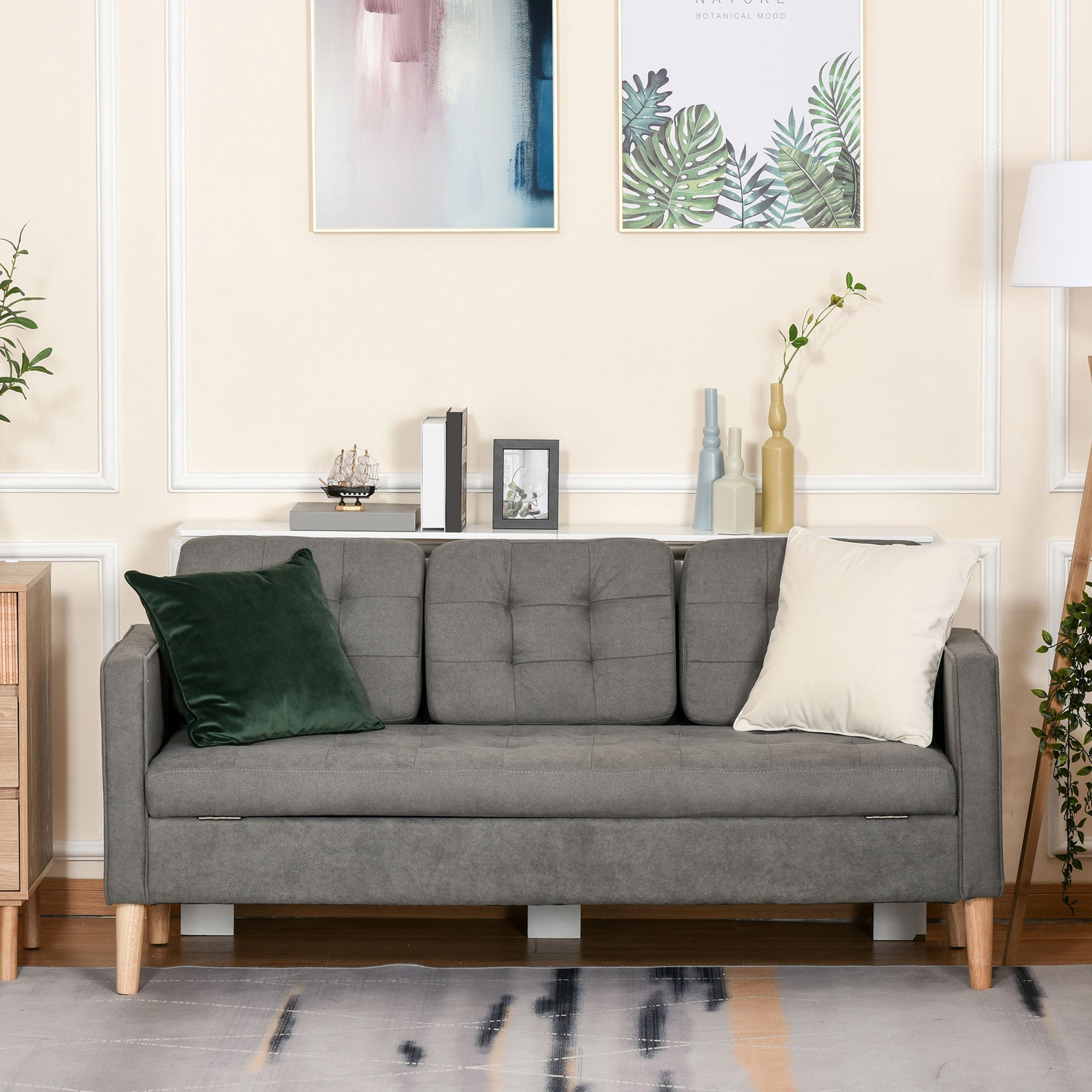 HOMCOM Modern 3 Seater Sofa with Hidden Storage, 169cm Tufted Cotton Couch with Wood Legs, Compact Sofa for Living Room, Grey - North Peak Garden Furniture