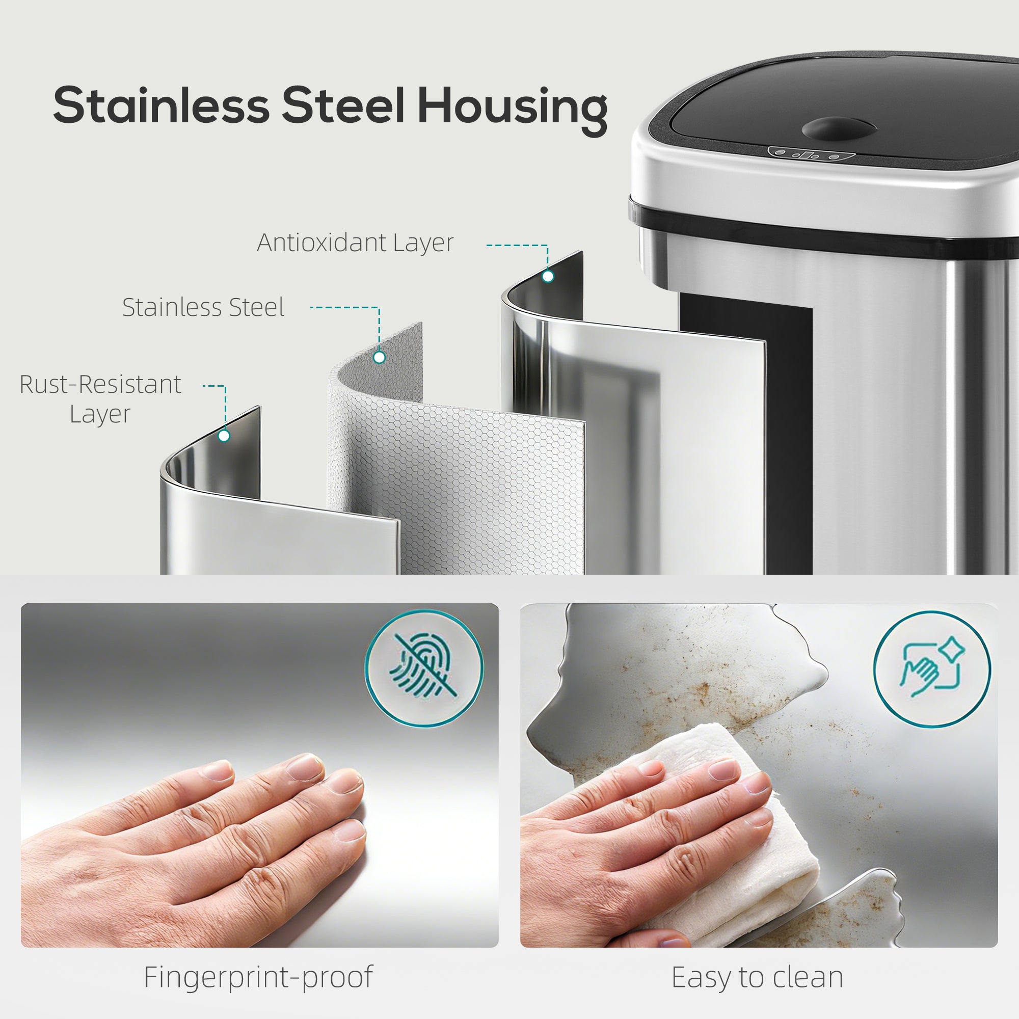HOMCOM Stainless Steel Kitchen Sensor Dustbin Automatic Touchless Rubbish Garbage Waste Bin 48L Silver