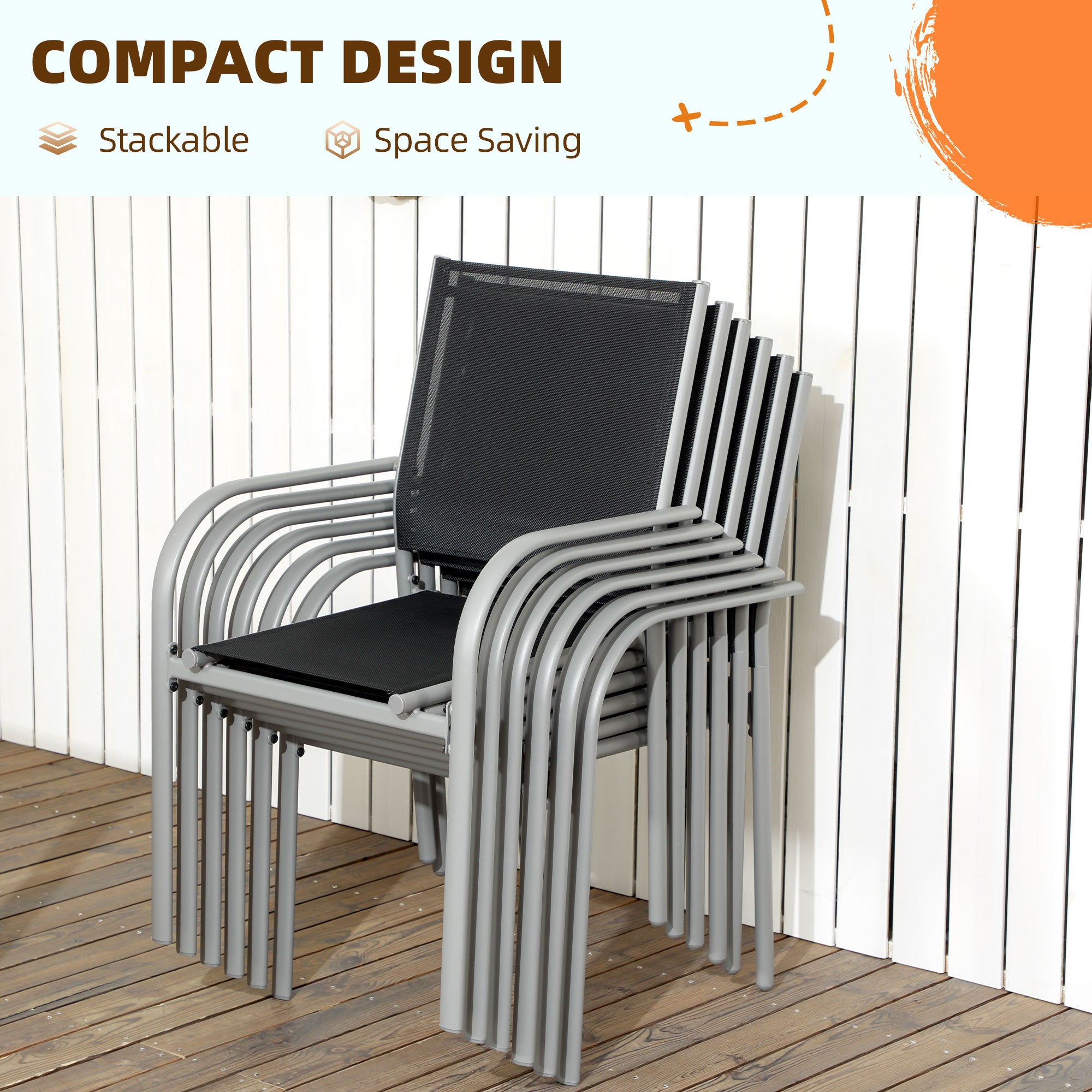 Outsunny 7 Piece Outdoor Garden Dining Set with Table and 6 Stackable Chairs, Steel Frame, Tempered Glass Top, Mesh Seats, Black - North Peak Garden Furniture