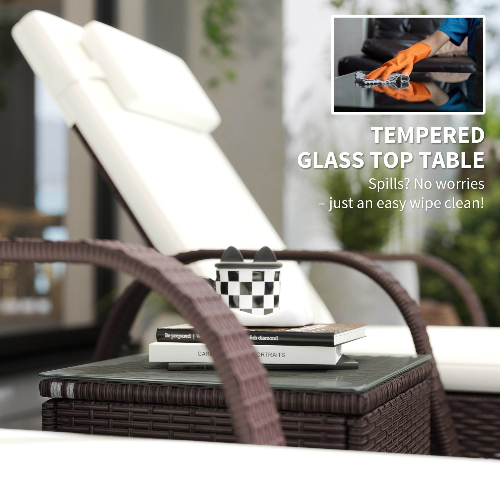 Outsunny 3 Pieces PE Rattan Patio Lounge Chair Set, Outdoor Recliner Lounge Chairs with Wheels, for Outside with Cushions, Headrest, Coffee Table for Garden, Poolside, Brown