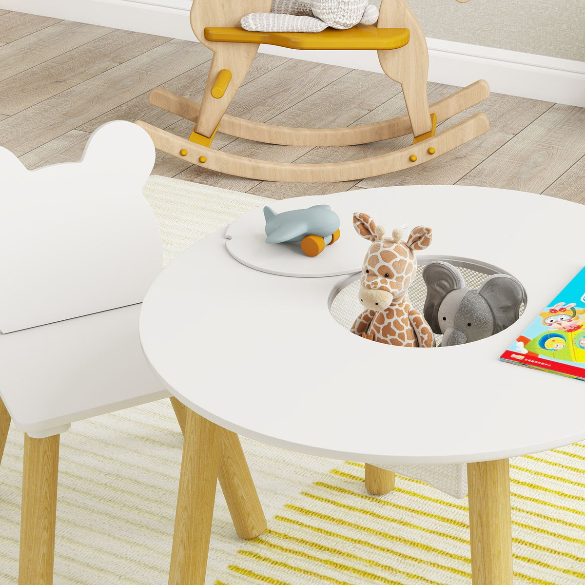AIYAPLAY 3-Piece Kids Activity Table Set with Centre Mesh Bag, Bear-Shaped Backrest, for Arts and Crafts, Reading, White