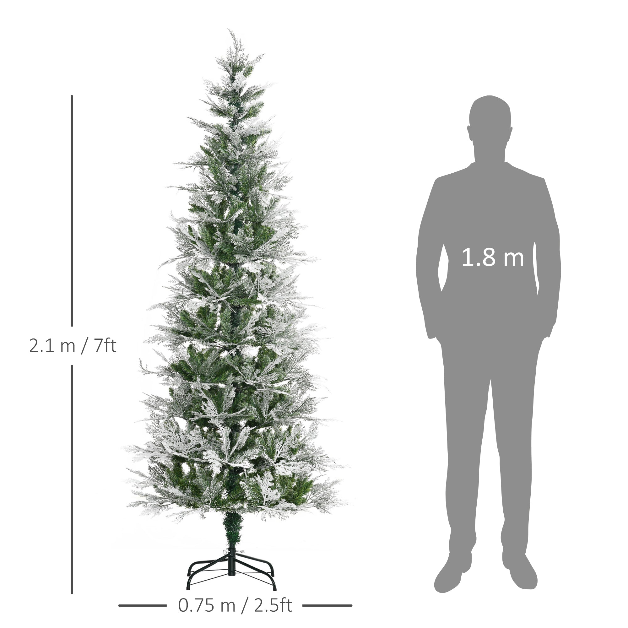 HOMCOM 7 Ft Pencil Snow Flocked Artificial Christmas Tree with Realistic Cypress Branches, Auto Open, Green