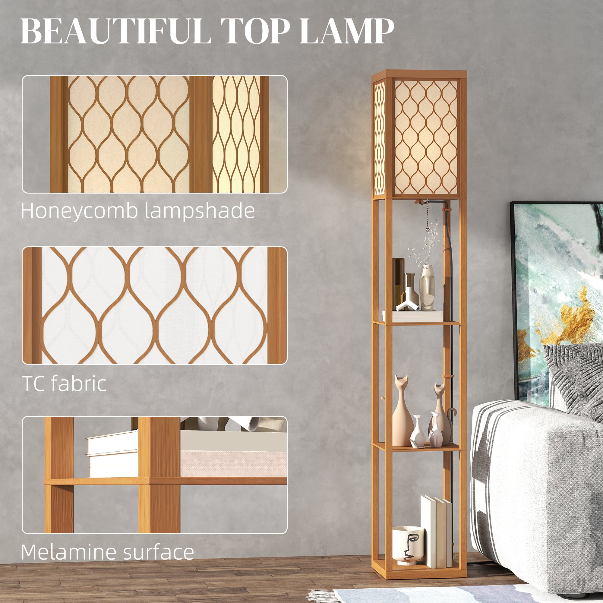 HOMCOM Three-Shelf Standing Lamp - Natural - North Peak Garden Furniture