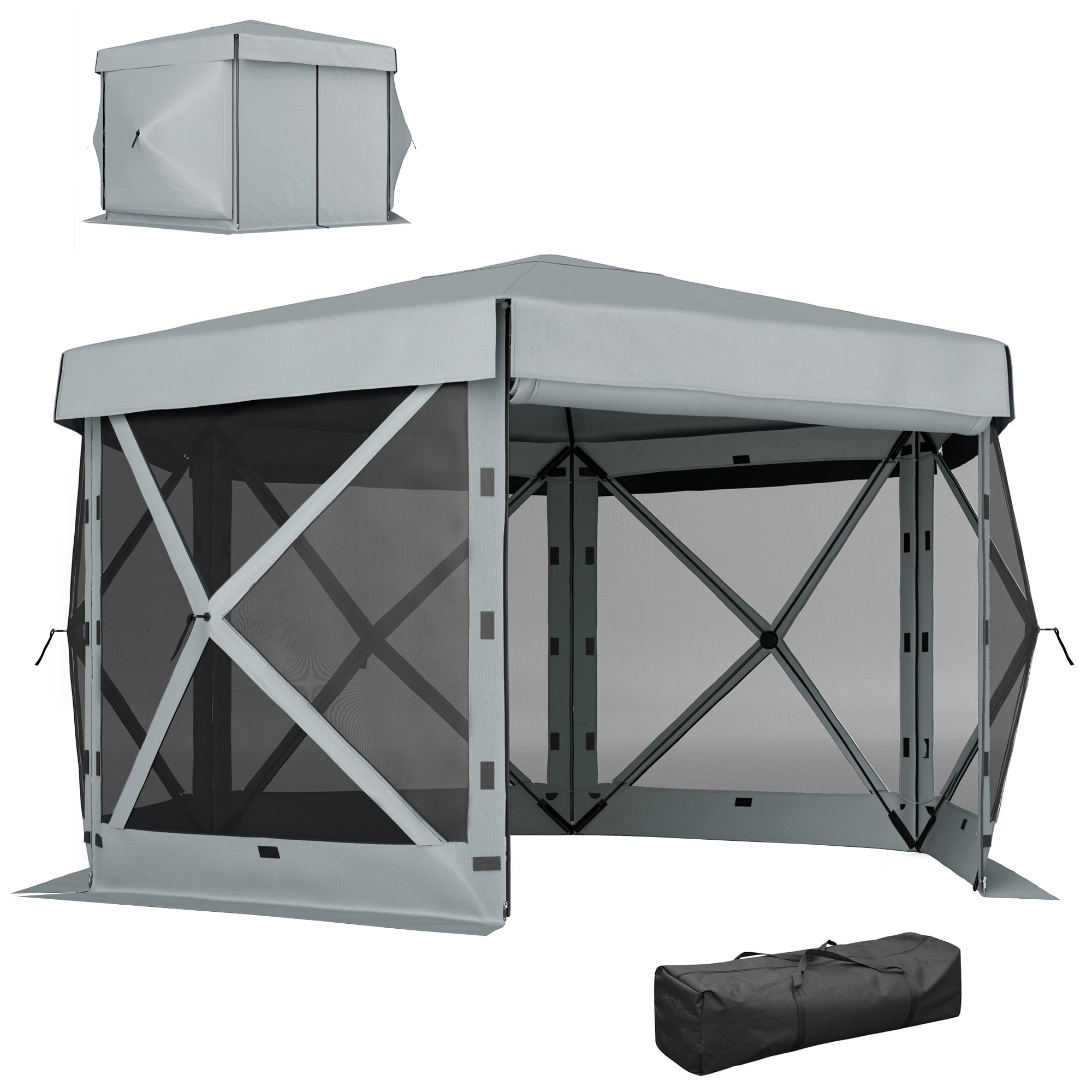 Outsunny 3 x 3(m) Hexagon Pop Up Gazebo with 5 Sides and Carry Bag, Waterproof, UV Resistant Party Tent Instant Event Shelter with Netting for Garden, Patio, Light Grey - North Peak Garden Furniture