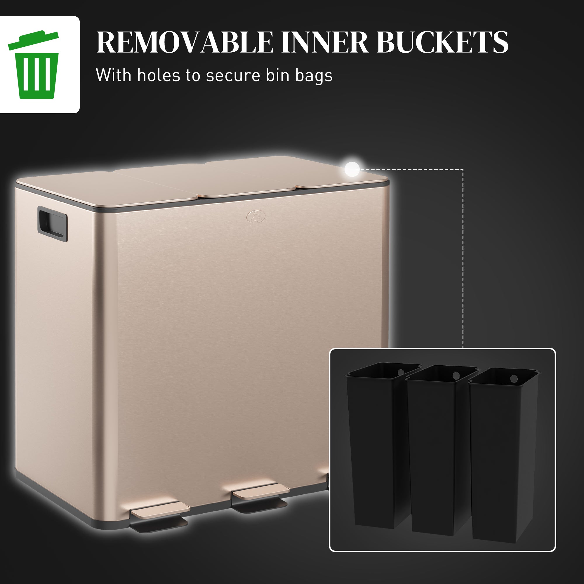 HOMCOM 45L Triple Compartment Stainless Steel Bin, with Deodoriser Holders - Gold Tone - North Peak Garden Furniture