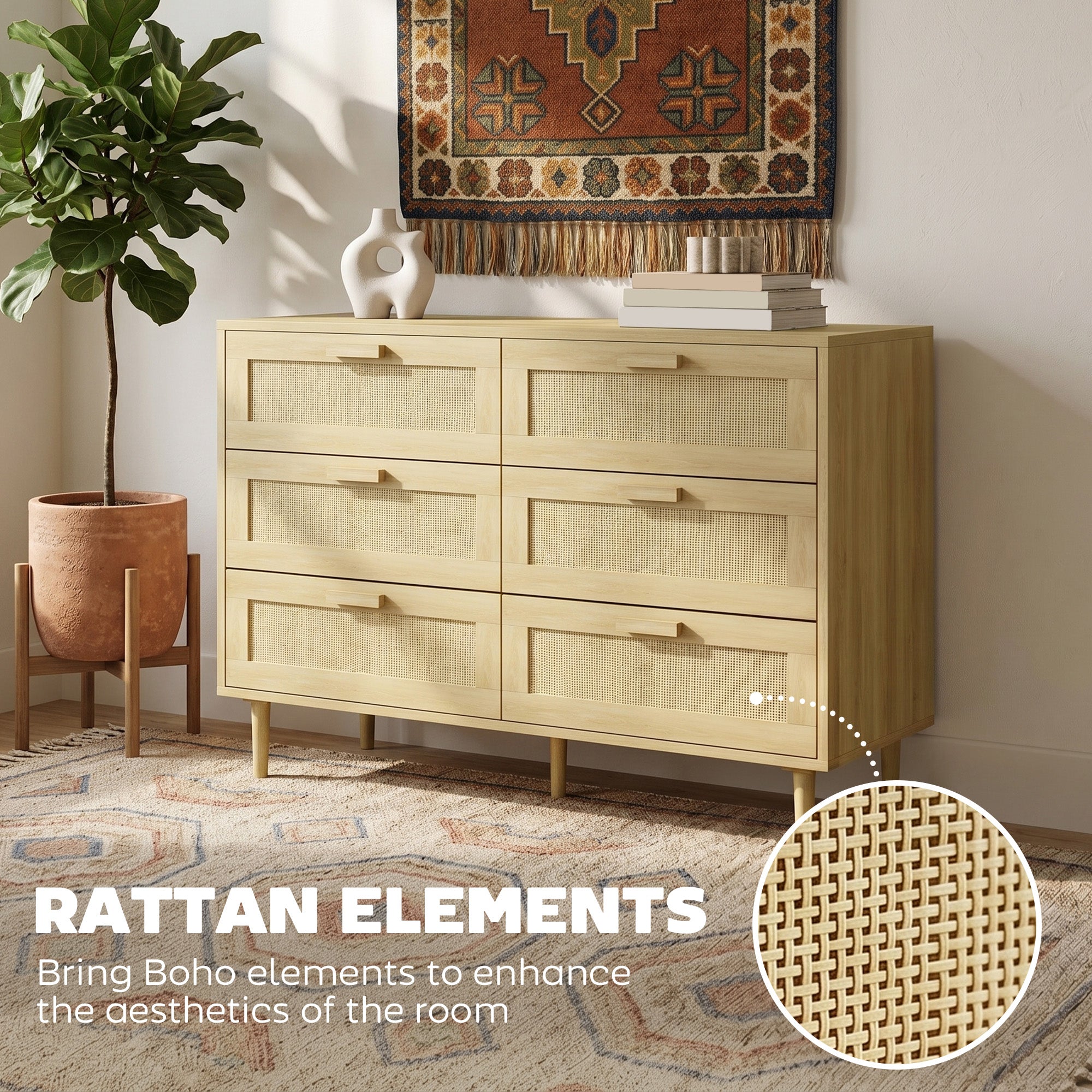 HOMCOM Chest of Drawers, 6-Drawer Dresser, Tall Storage Drawer Unit with Rattan Element for Bedroom, Living Room, Oak