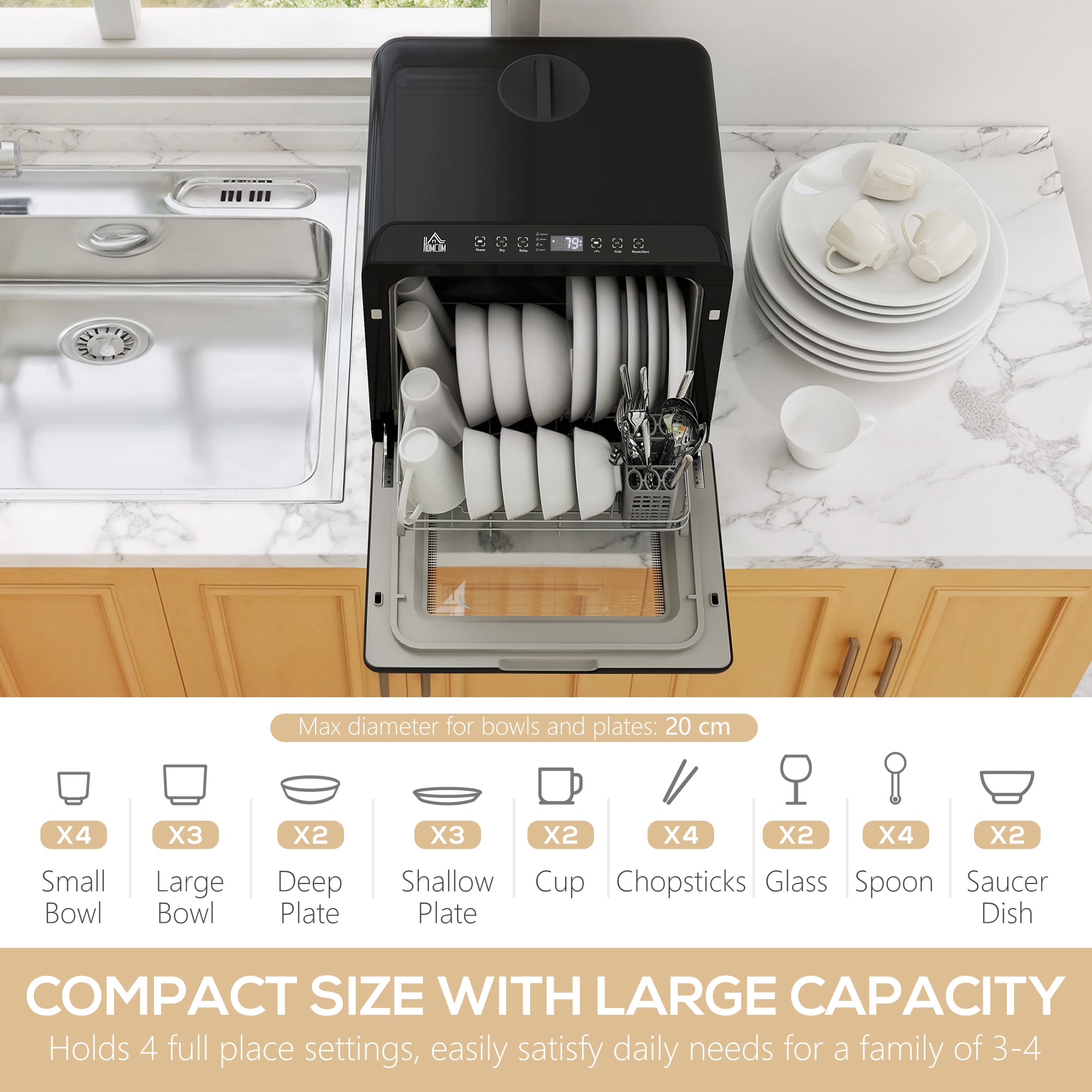 HOMCOM Table Top Dishwasher, Mini Countertop Dishwasher with Built-in 6L Water Tank, 6 Programs, Touch Control, LED Display, 4 Place Settings, Dual Water Supply and Air Drying Function, White