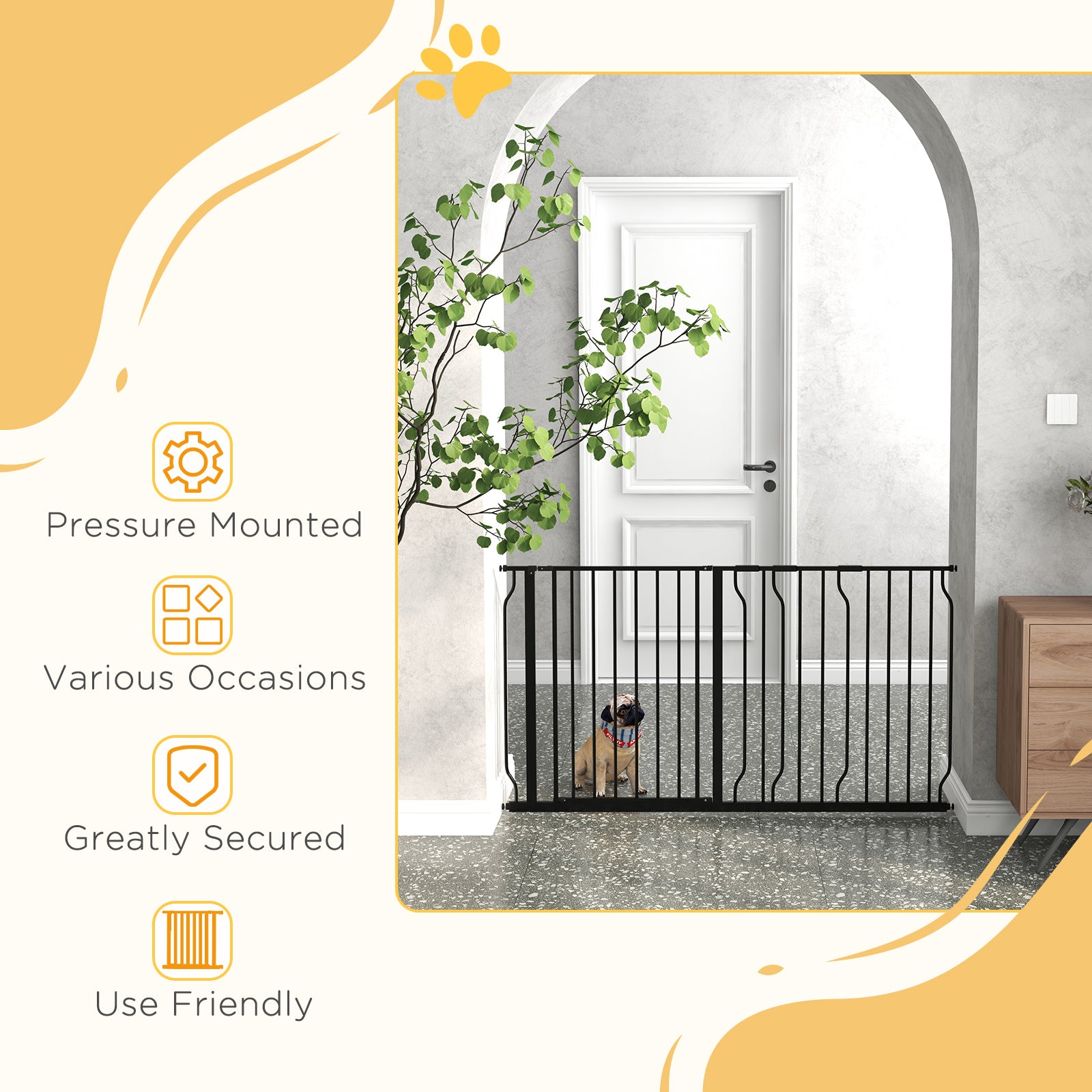 PawHut Extra Wide Dog Safety Gate, with Door Pressure, for Doorways, Hallways, Staircases - Black - North Peak Garden Furniture