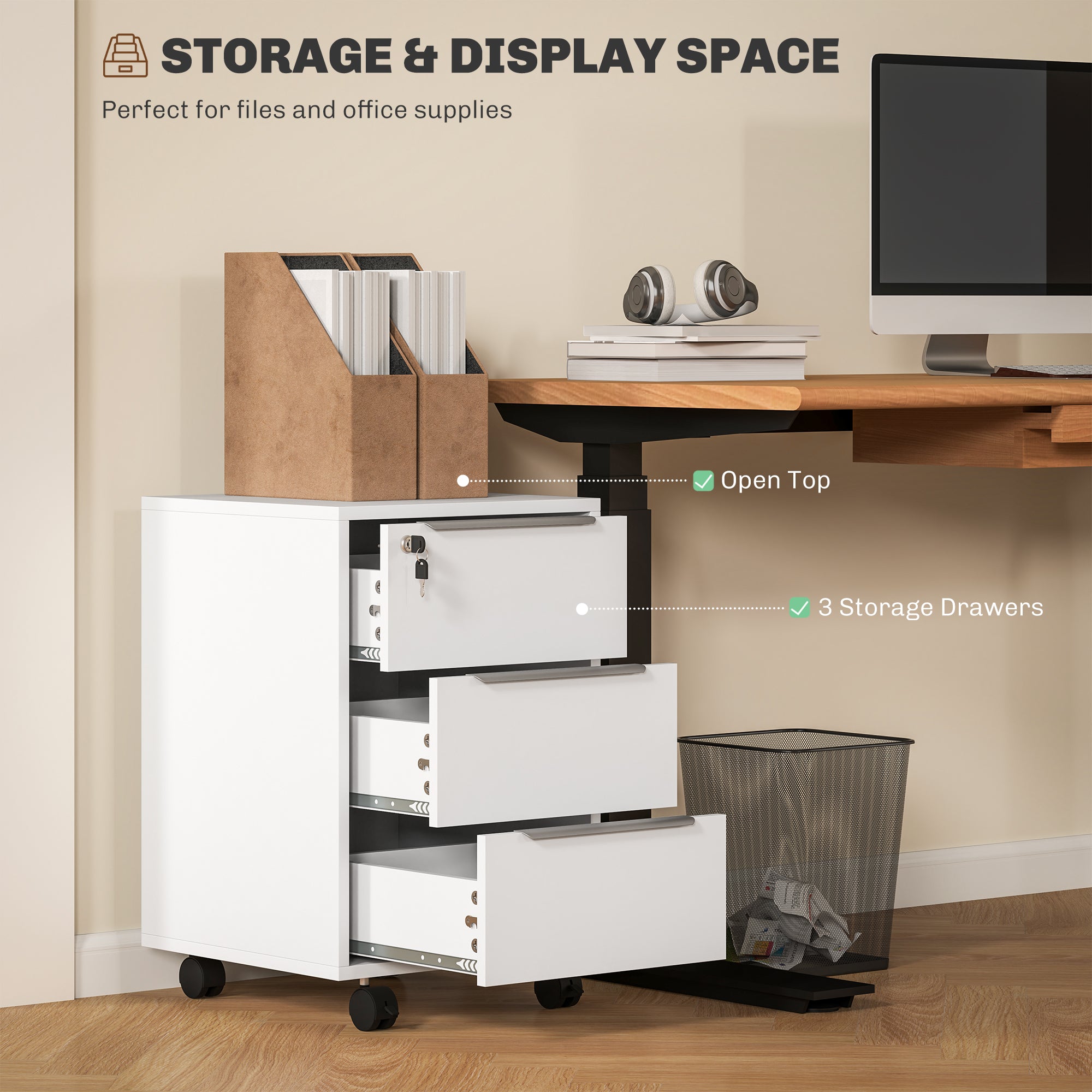 HOMCOM Three-Drawer Locking Filing Cabinet - White - North Peak Garden Furniture