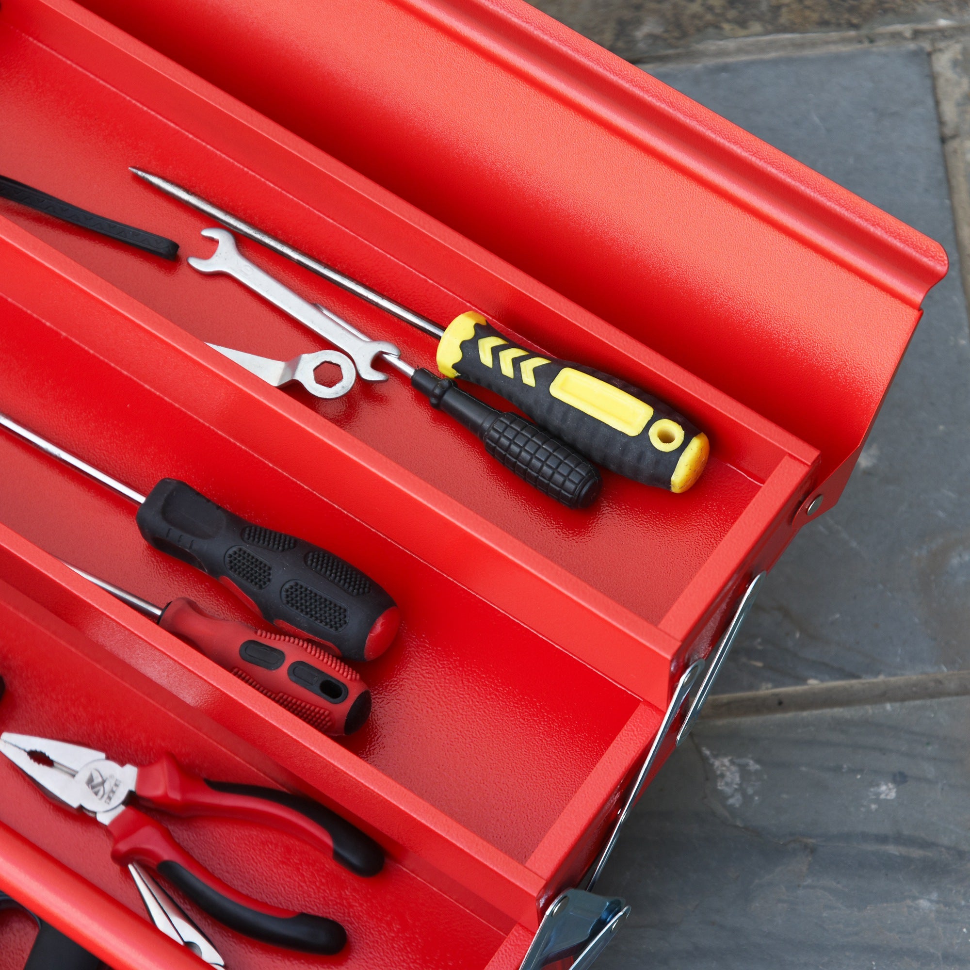 DURHAND Metal Tool Box 3 Tier 5 Tray Professional Portable Storage Cabinet Workshop Cantilever Toolbox with Carry Handle, 56cmx20cmx34cm, Red - North Peak Garden Furniture