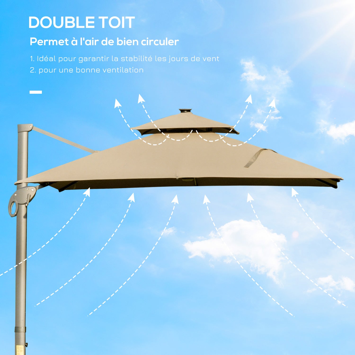 Outsunny 3 x 3(m) Aluminium Sun Square Canopy Top w/ Adjustable Pole Angle Khaki - North Peak Garden Furniture