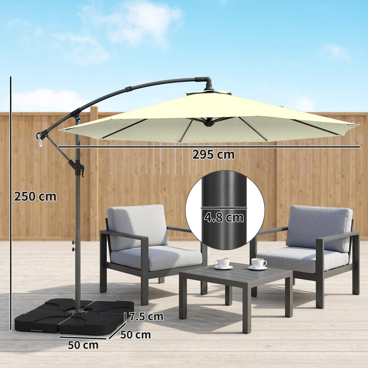Outsunny 3m Overhanging Parasol, with Base, Weights and Cover - Beige