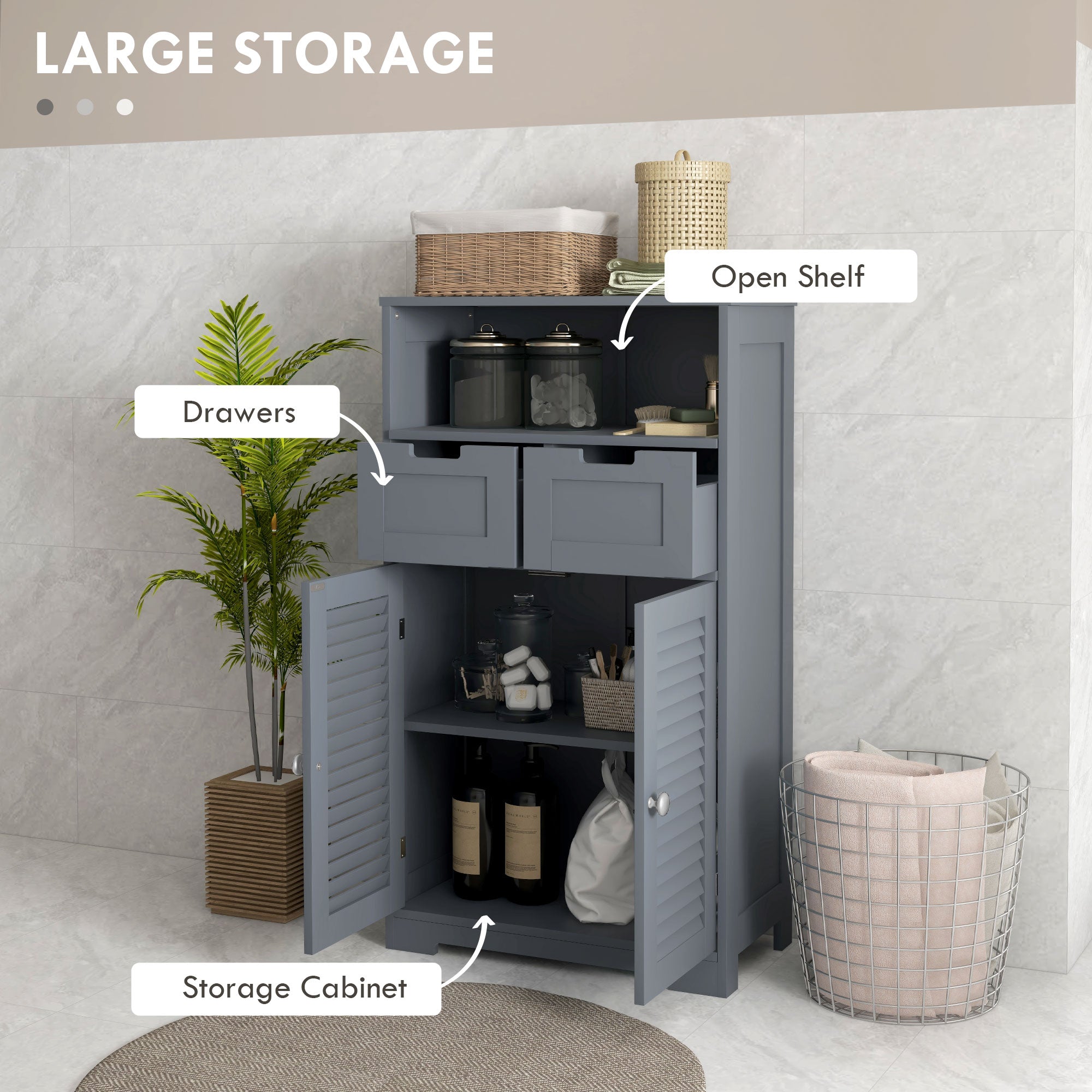 kleankin Three-Part Bathroom Storage Unit, with Shelf, Drawers & Cupboard - Grey