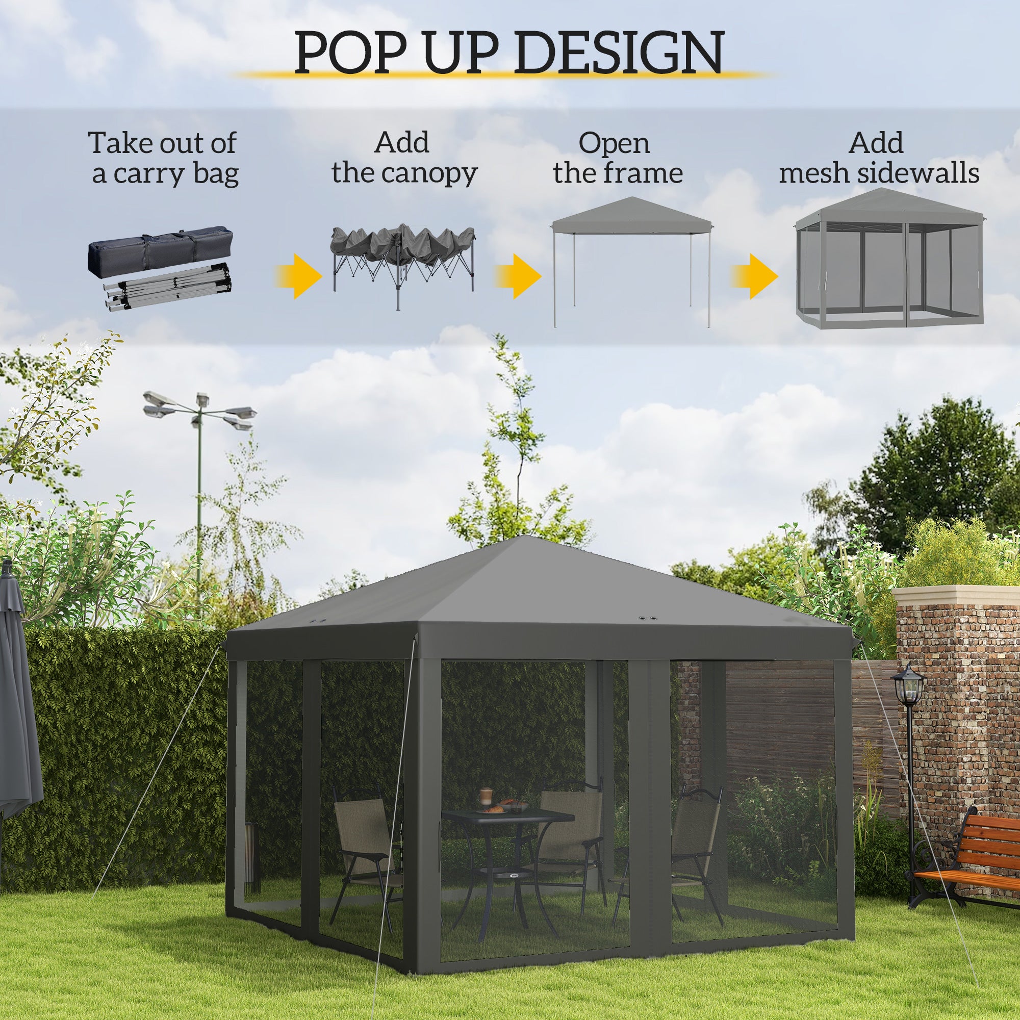Outsunny 3 x 3 m Pop Up Gazebo, Garden Tent with Removable Mesh Sidewall Netting, Carry Bag for Backyard Patio Outdoor Light Grey - North Peak Garden Furniture