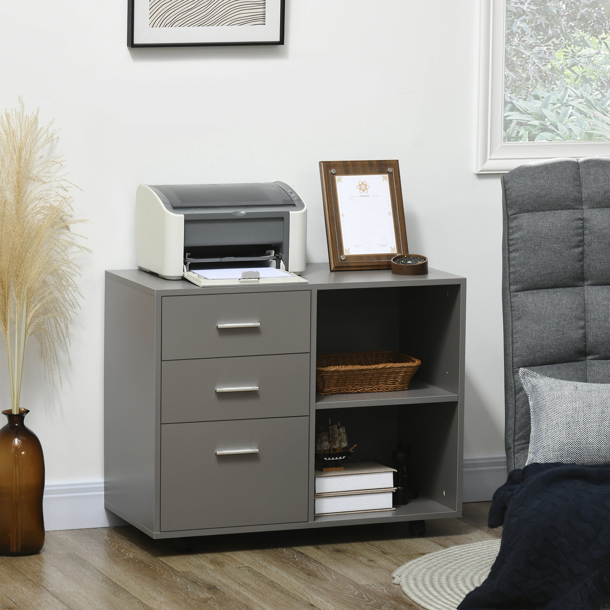 HOMCOM Freestanding Printer Stand Unit Office Desk Side Mobile Storage w/ Wheels 3 Drawers, 2 Open Shelves Modern Style 80L x 40W x 65H cm - Grey - North Peak Garden Furniture