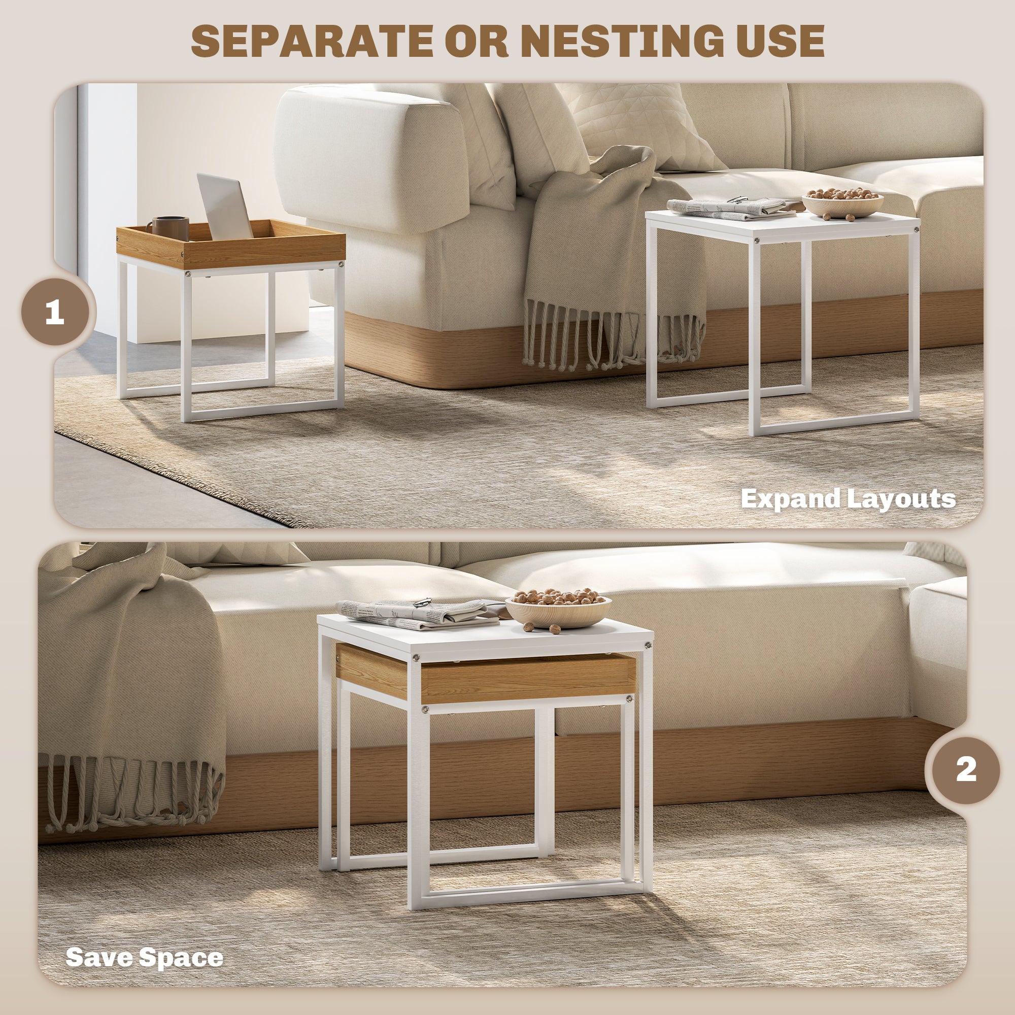 HOMCOM Set of Two Boxy Nesting Tables - White/Wood-Effect - North Peak Garden Furniture