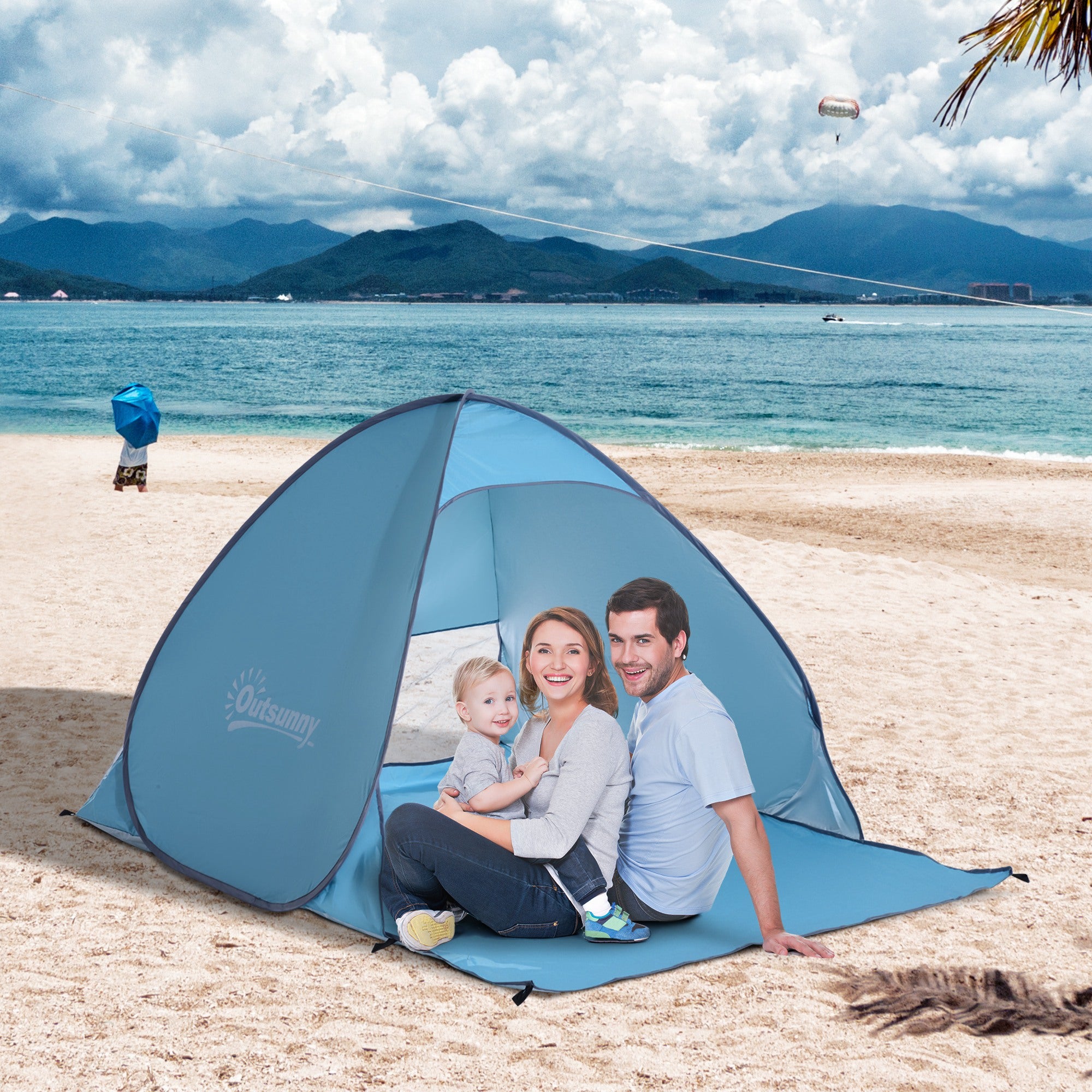 Outsunny 2-3 Person Pop up Beach Tent Hiking UV 30+ Protection Patio Sun Shelter (Blue)