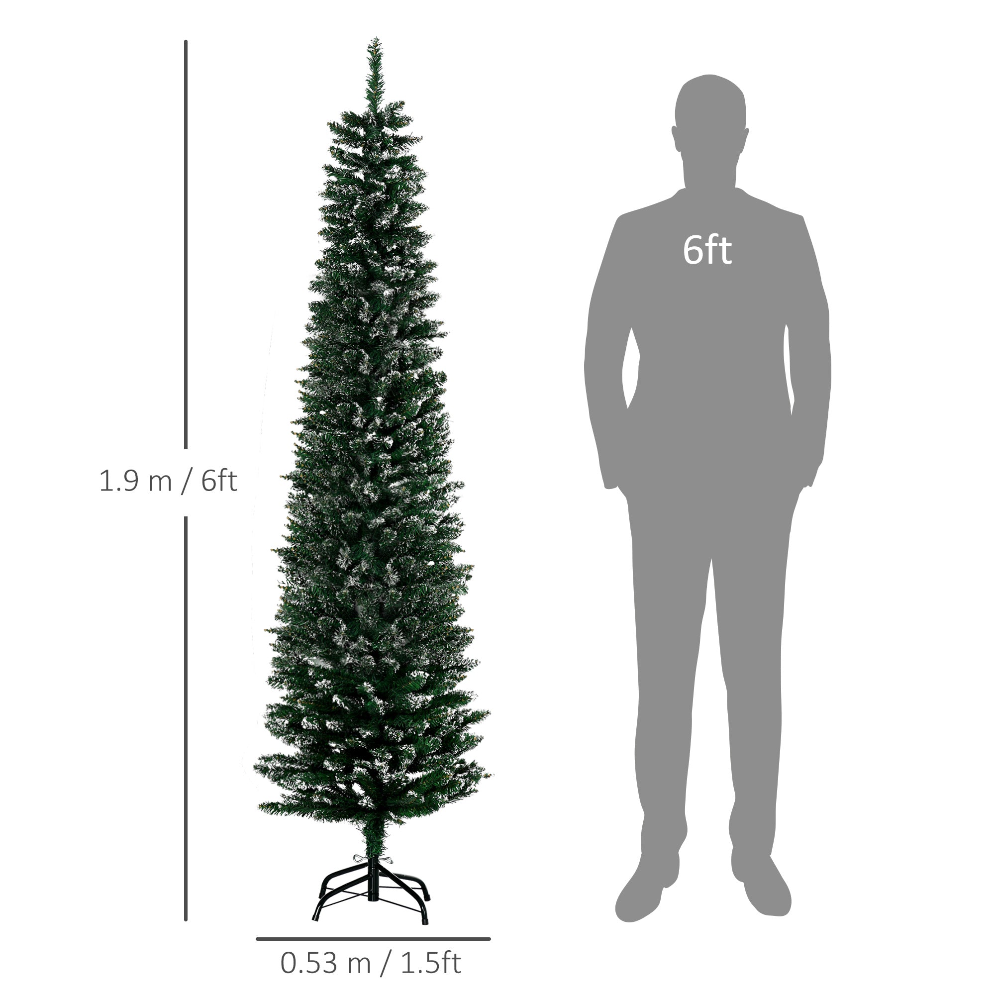 HOMCOM 6FT Artificial Snow Dipped Christmas Tree Xmas Pencil Tree Holiday Home Indoor Decoration with Foldable Black Stand, Green - North Peak Garden Furniture