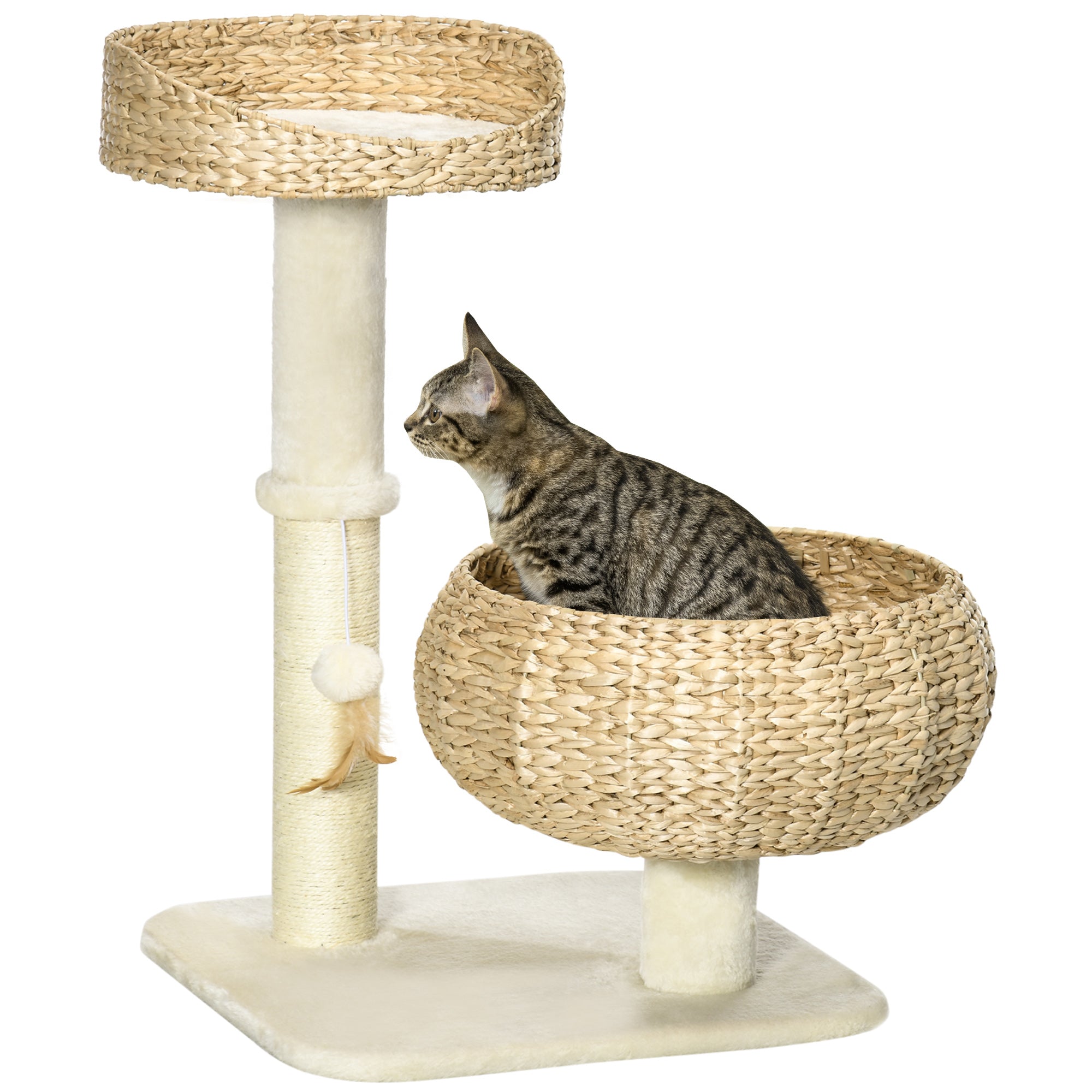 PawHut 72cm Cat Tree, Kitty Activity Center, Cat Climbing Toy, Cat Tower with 2 Cattail Beds Ball Toy Sisal Scratching Post, Beige | Aosom UK