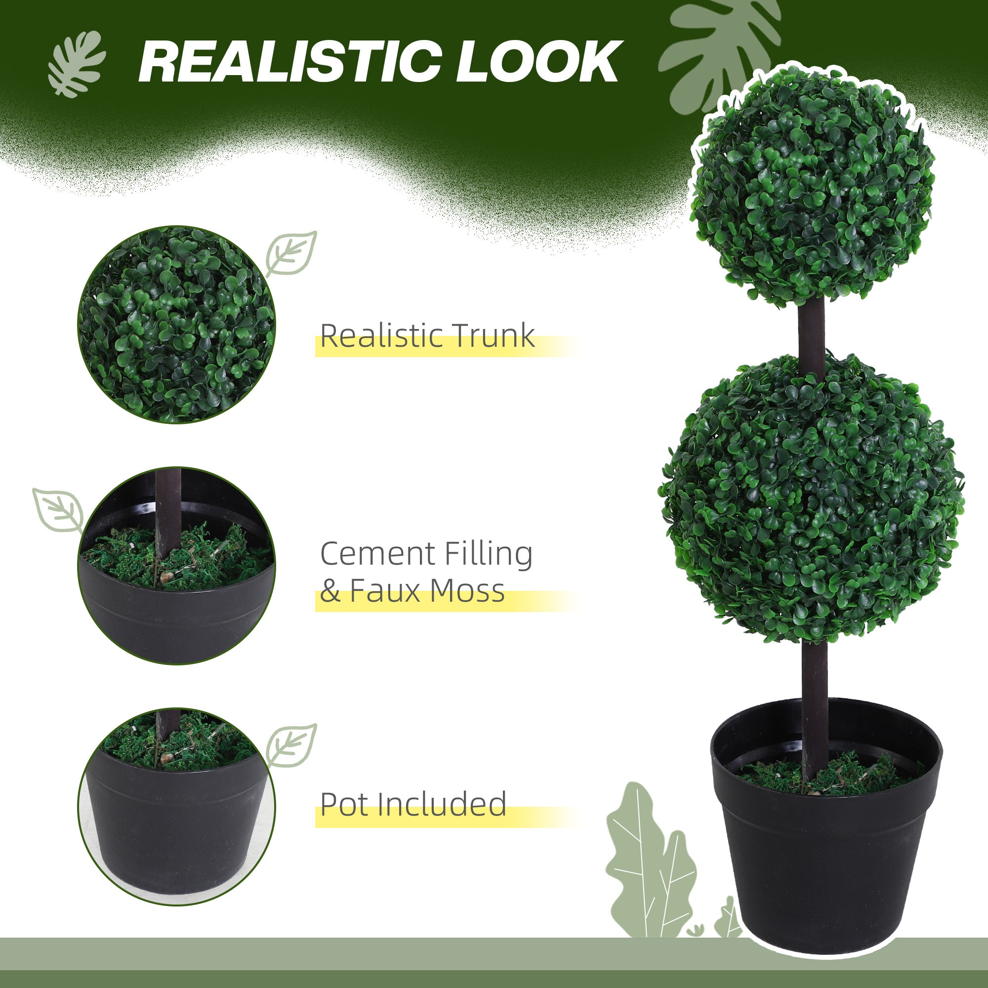 Outsunny Set of 2 Artificial Boxwood Ball Topiary Trees Potted Decorative Plant Outdoor and Indoor Décor (67cm)