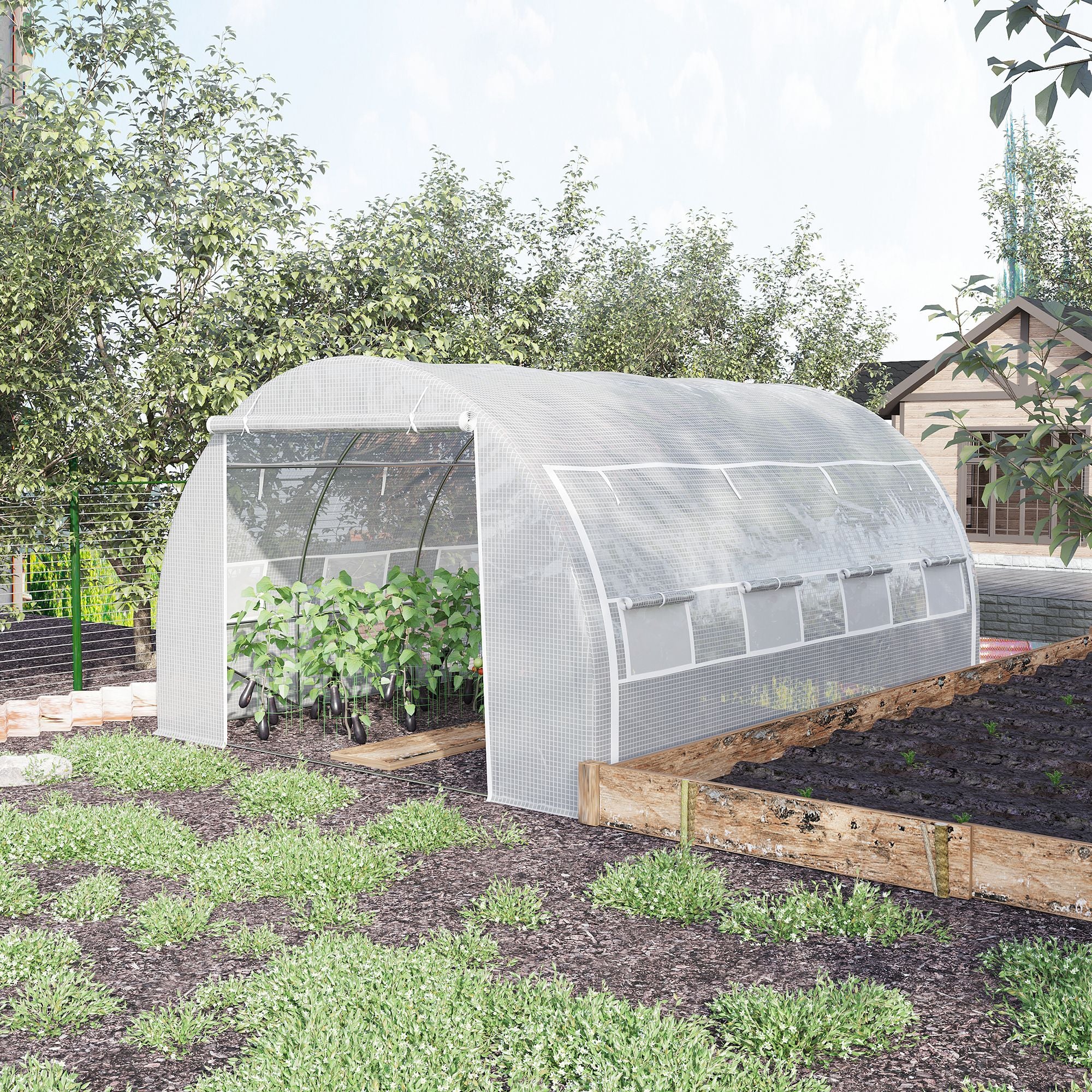 Outsunny 4 x 3 x 2 m Polytunnel Greenhouse with Roll-up Side Walls, Walk-in Grow House Tent with Steel Frame, Reinforced Cover, Zipped Door and 12 Mesh Windows for Garden, White - North Peak Garden Furniture