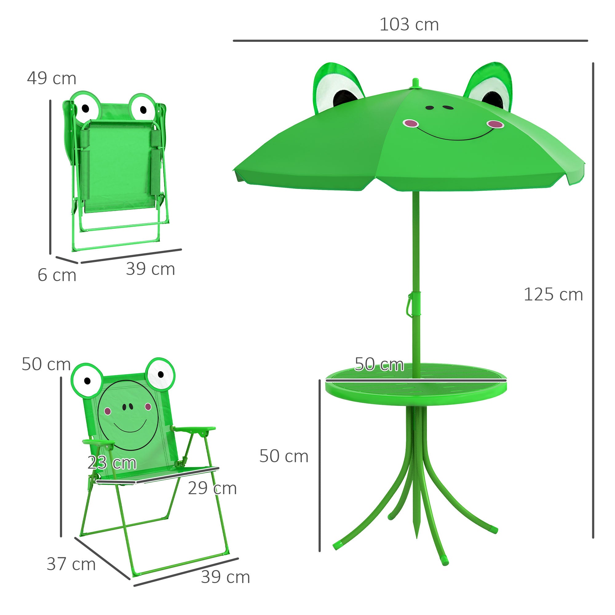 Outsunny Kids Outdoor Table and Chairs Garden Furniture Frog Pattern with Removable & Height Adjustable Sun Umbrella, Green - North Peak Garden Furniture