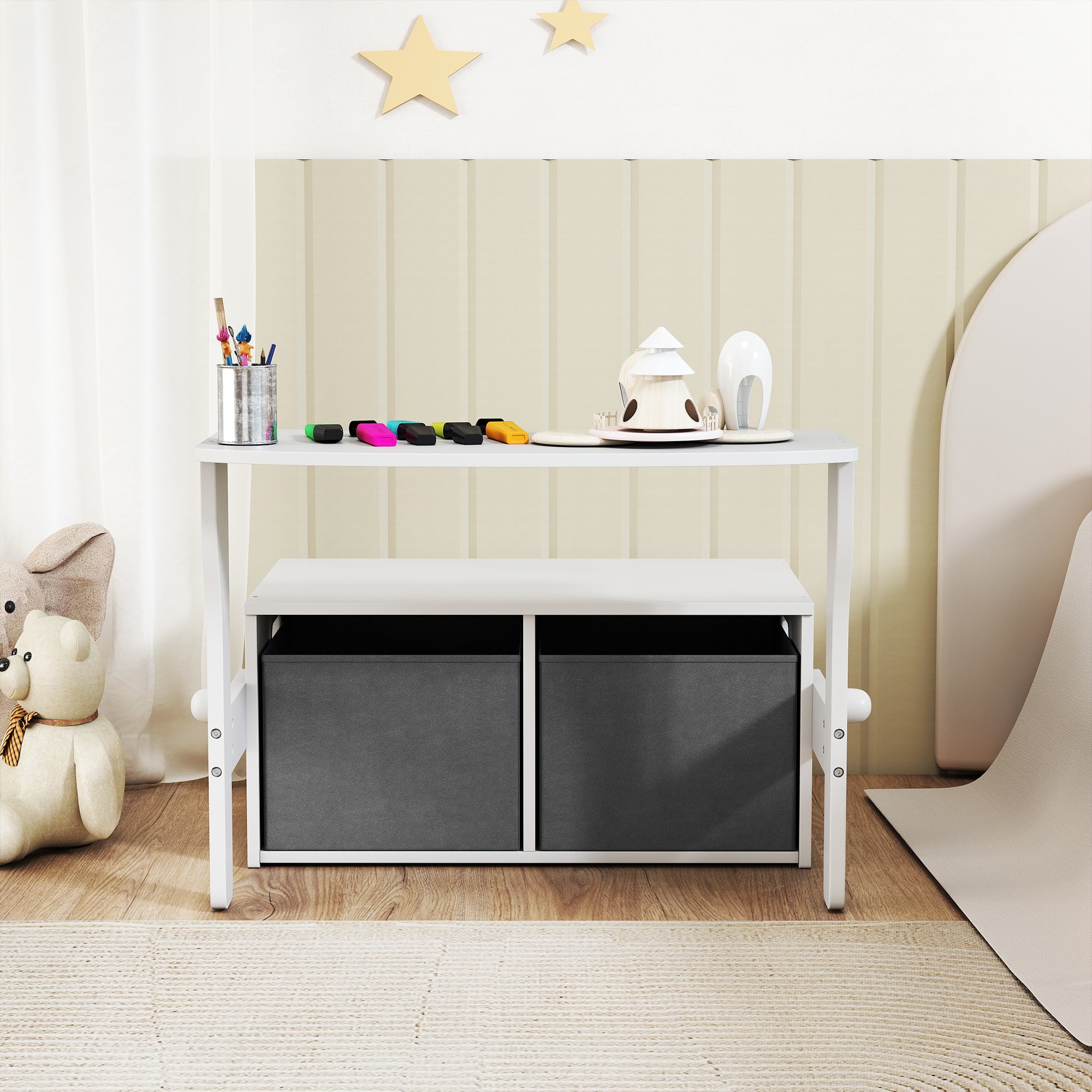 AIYAPLAY 3 in 1 Kids Storage Bench, Convertible Children Table and Chair Set with 2 Fabric Bins, Toy Storage Box, White