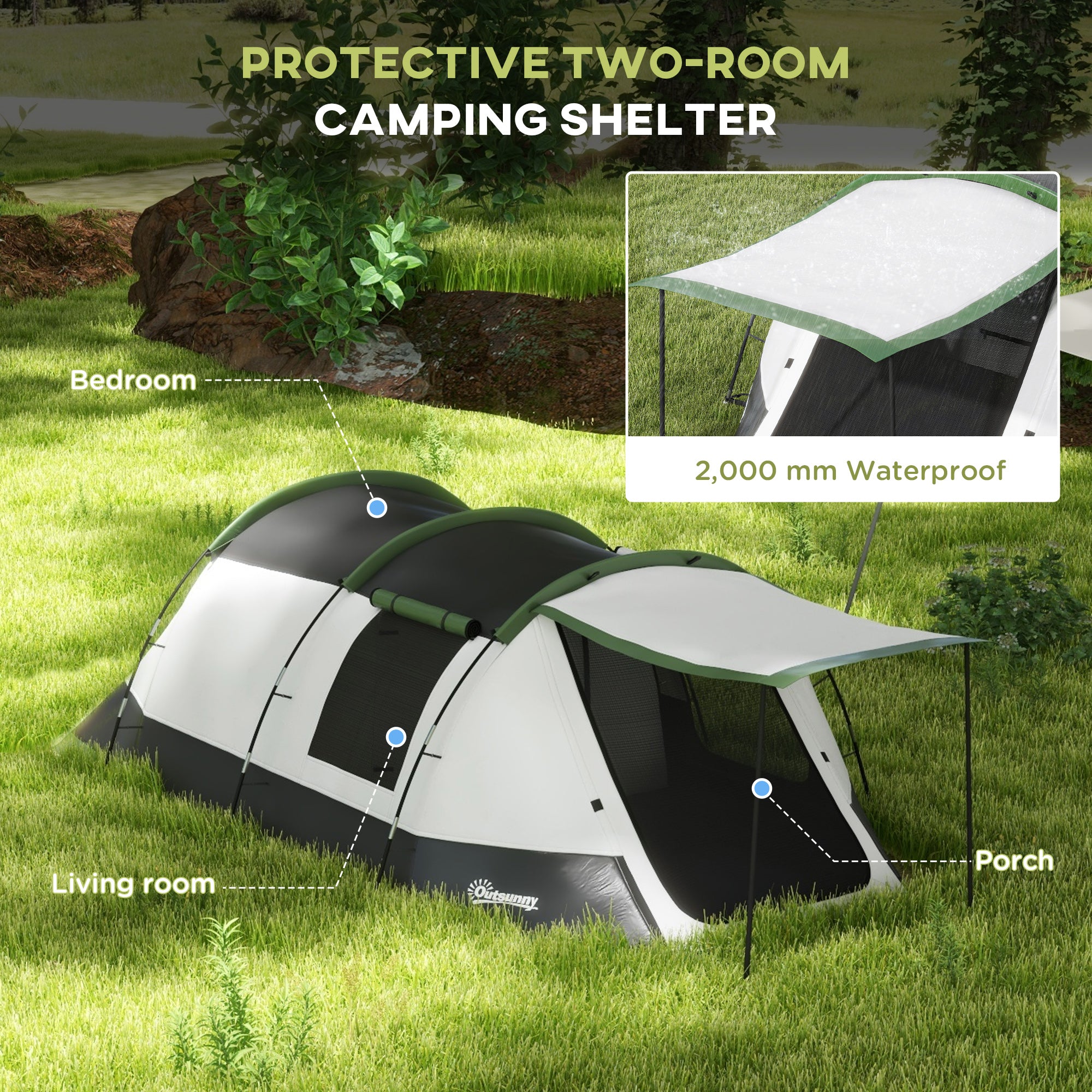 Outsunny Three-Man Camping Tent, with Two Rooms and Porch - Green - North Peak Garden Furniture