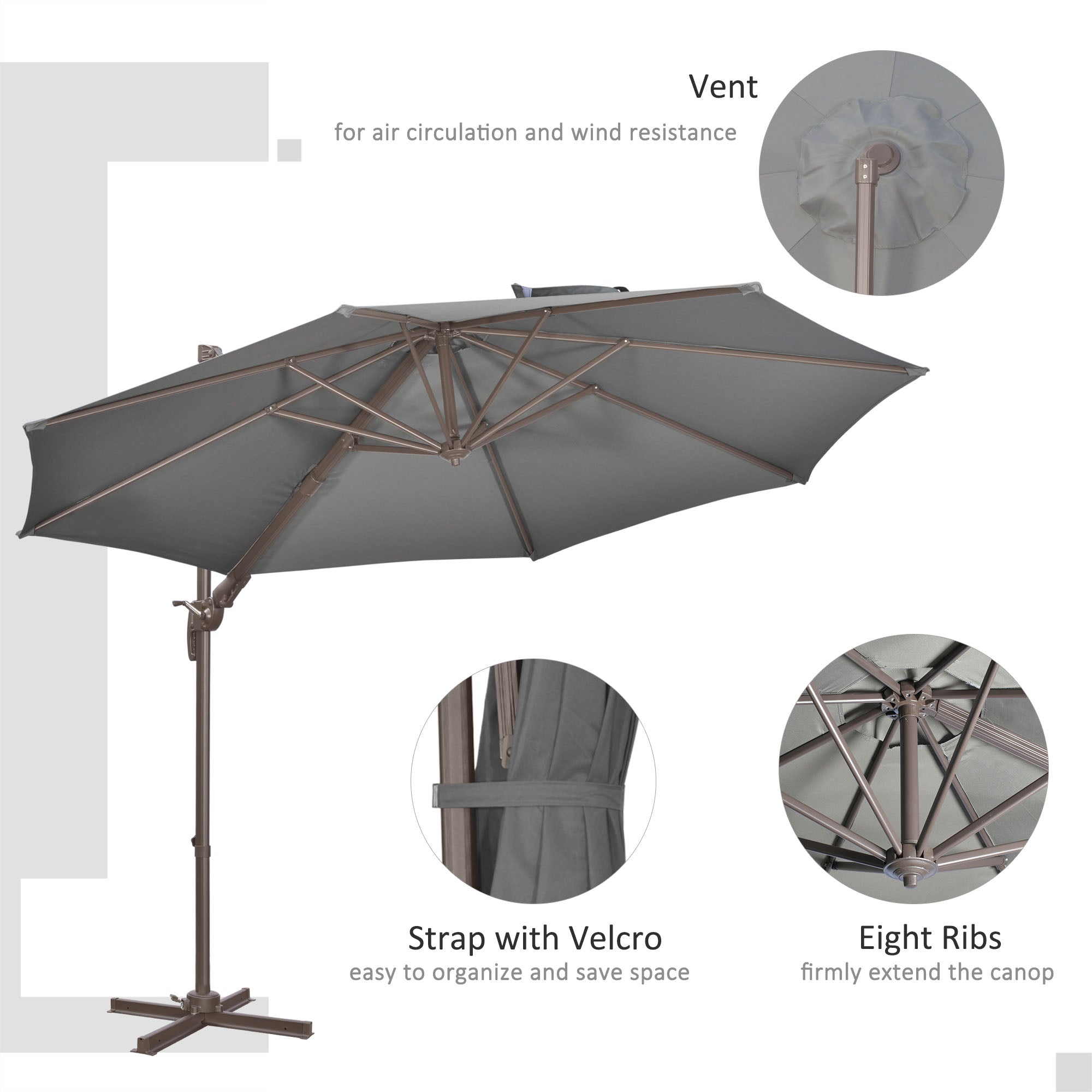 Outsunny 3(m) Cantilever Parasol 360° Rotation Roma Umbrella Hanging Sun Shade with Aluminium Frame, Tilt Crank, 8 Ribs and Cross Base, Dark Grey - North Peak Garden Furniture