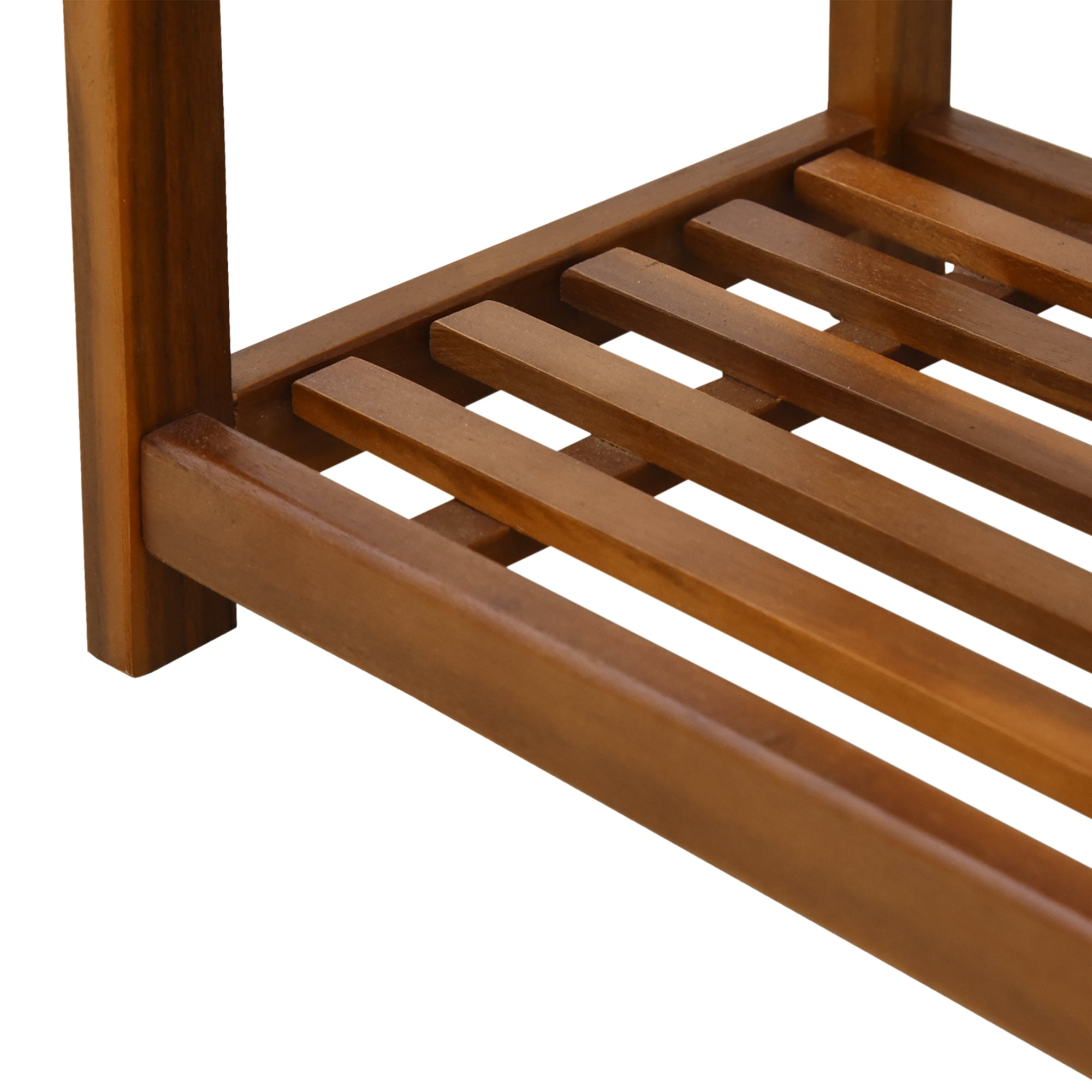HOMCOM 3-Tier Shoe Rack, Acacia Wooden Shoe Storage Organiser with 2 Hangers, Holds up to 12 Pairs, for Entryway, Living Room, 74 x 26 x 62 cm, Teak - North Peak Garden Furniture