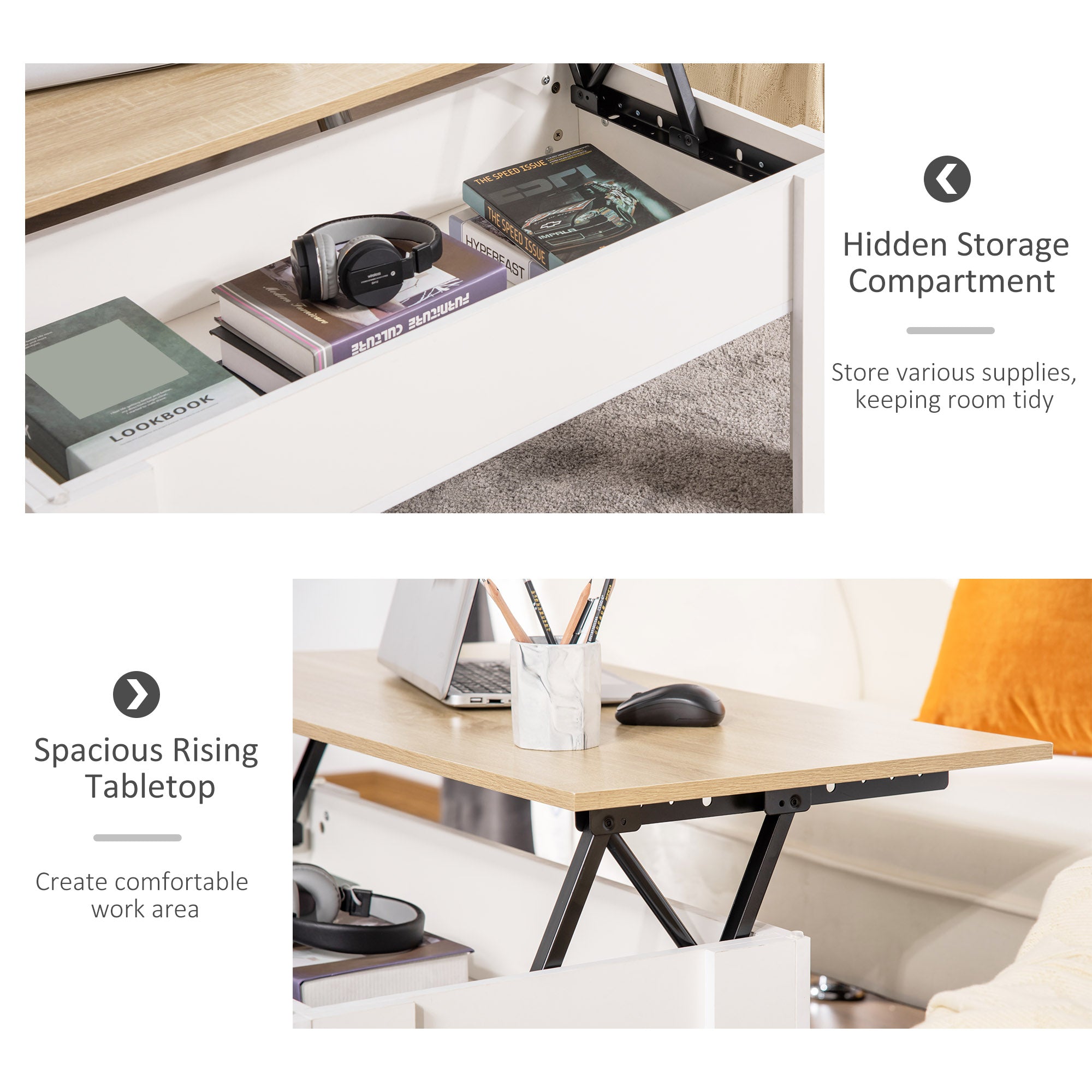 HOMCOM Lift Top Coffee Table with Hidden Storage Compartment, Lift Tabletop Pop-Up Center Table for Living Room - North Peak Garden Furniture