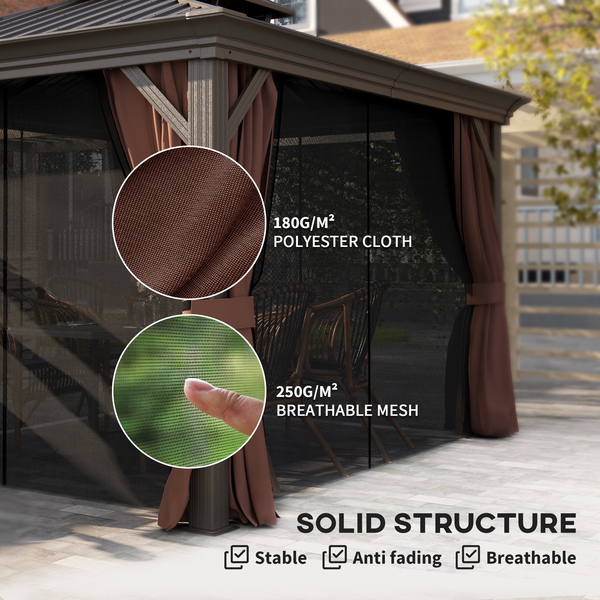 Outsunny 3 x 3.7m Outdoor Hardtop Gazebo Canopy Aluminium Frame with 2-Tier Roof & Mesh Netting Sidewalls for Patio, Dark Brown - North Peak Garden Furniture