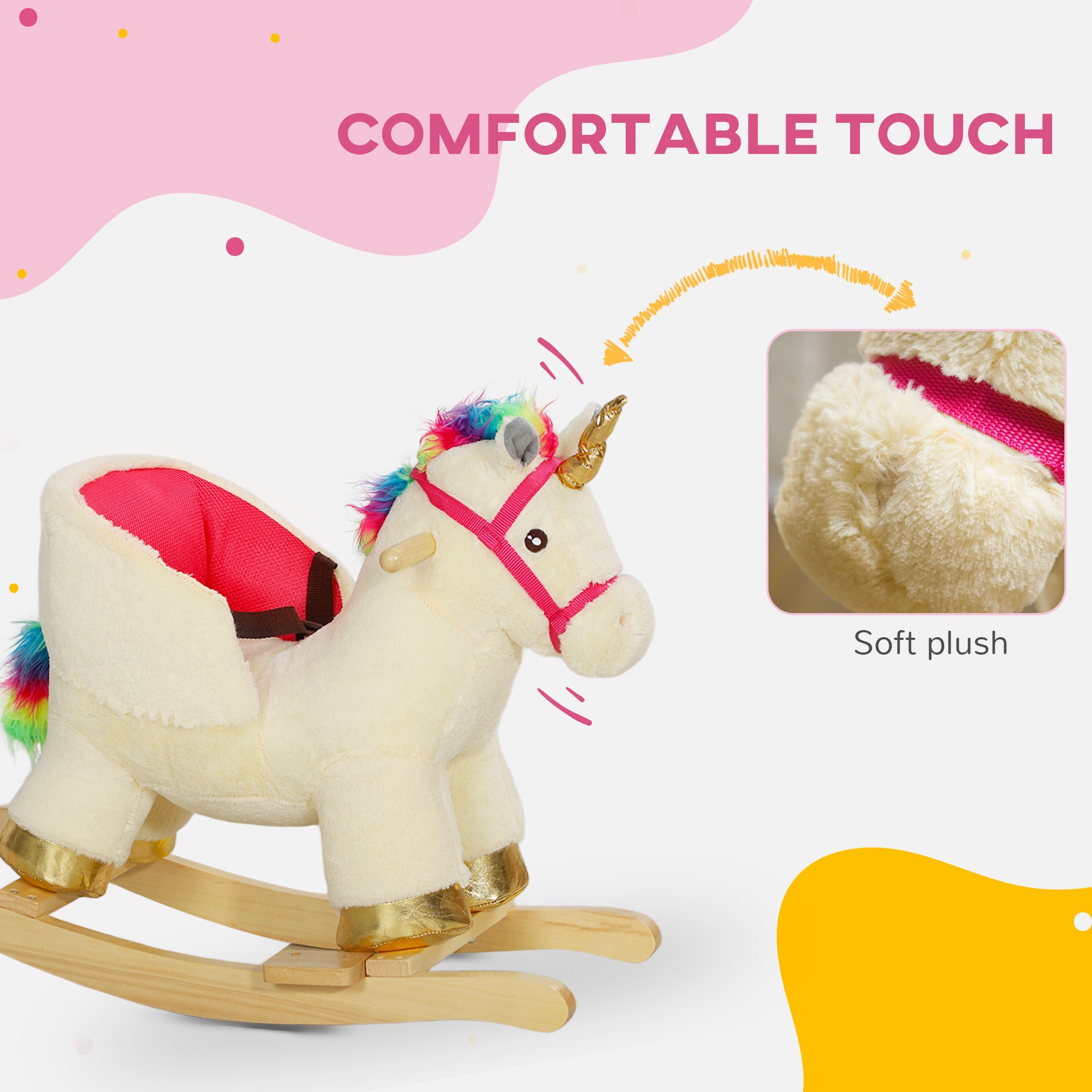 AIYAPLAY Kids Rocking Horse with Realistic Sounds, Safety Belt, Wooden Base, for Ages 18-36 Months, Cream White - North Peak Garden Furniture