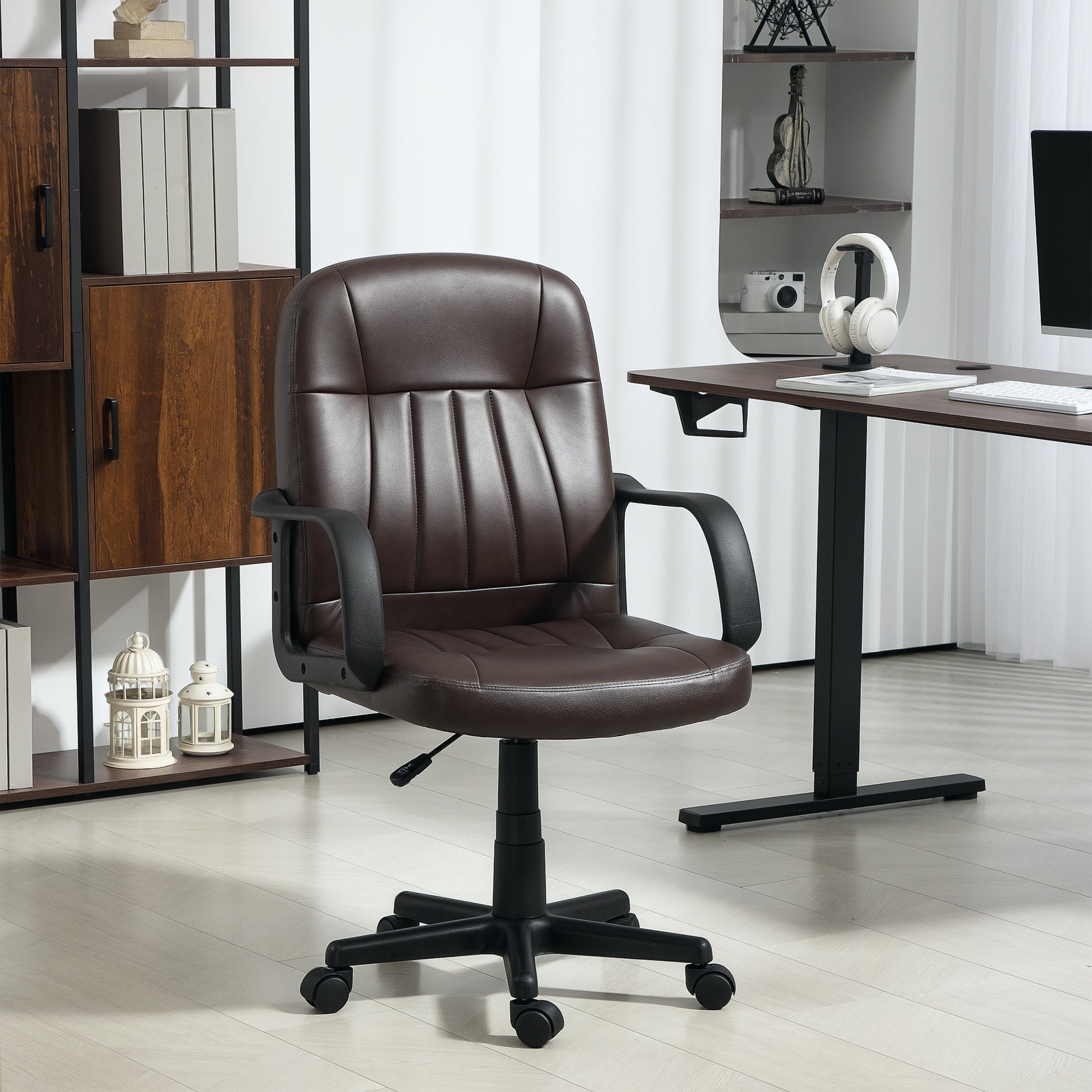 HOMCOM Swivel Executive Chair PU Leather Computer Desk Chair, Dark Brown - North Peak Garden Furniture