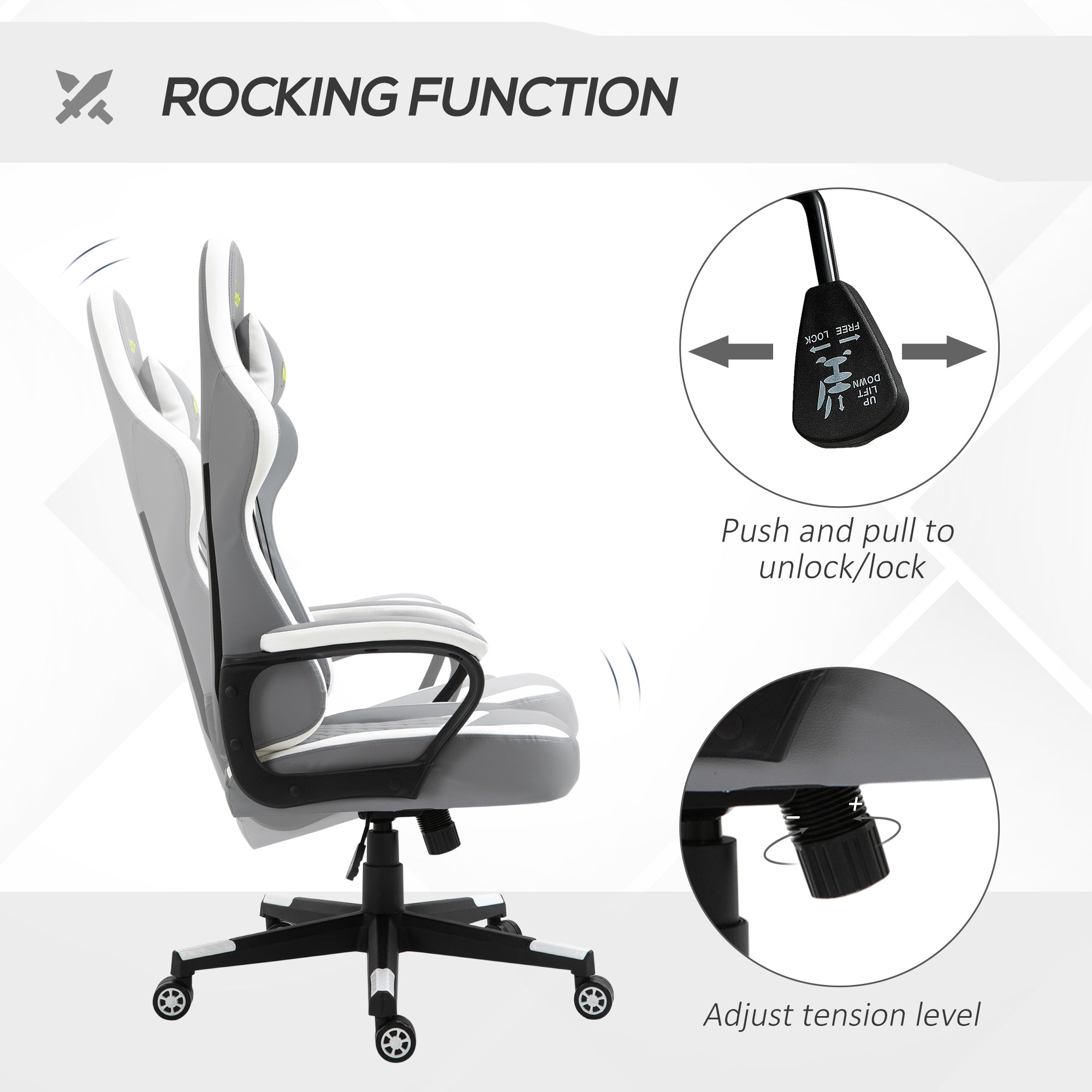 Vinsetto Gaming Chair, Computer Desk Chair with Lumbar Support, Faux Leather Racing Chair with Headrest and Swivel Wheels for Home Office, Grey White - North Peak Garden Furniture
