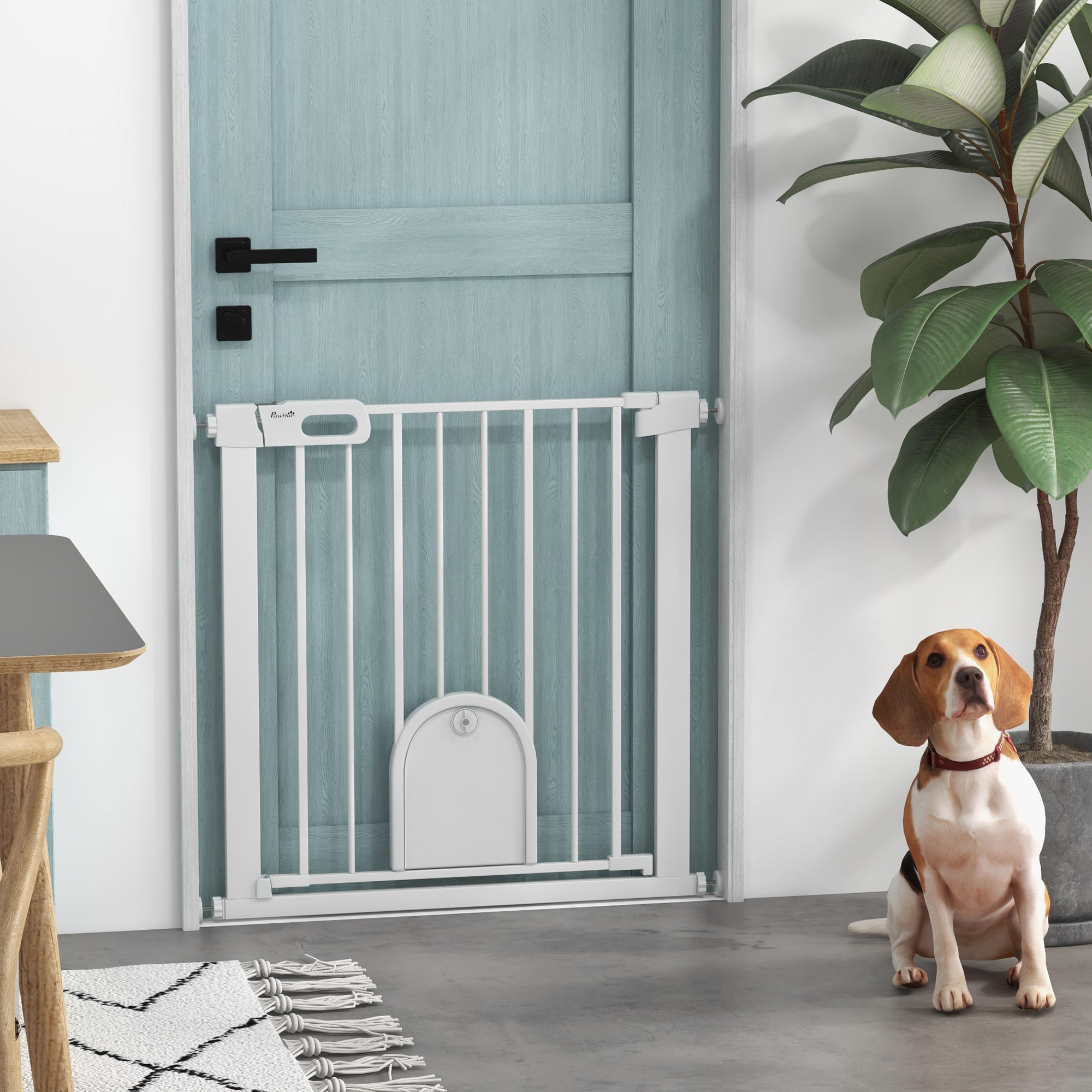 PawHut 75-82cm Pet Safet Gaye, Pressure Fit Stair, with Cat Flap, Double Locking, White - North Peak Garden Furniture