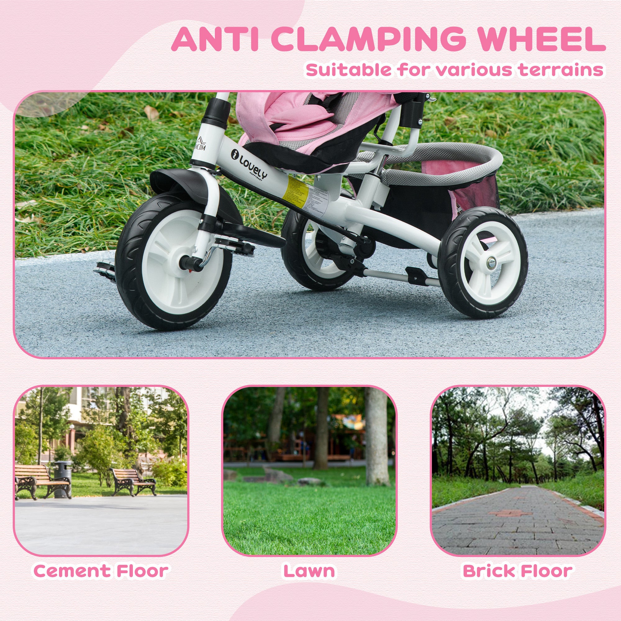 HOMCOM 6 in 1 Kids Trike Push Bike w/ Push Handle, Canopy, 5-point Safety Belt, Storage, Footrest, Brake, for 1-5 Years, Pink - North Peak Garden Furniture