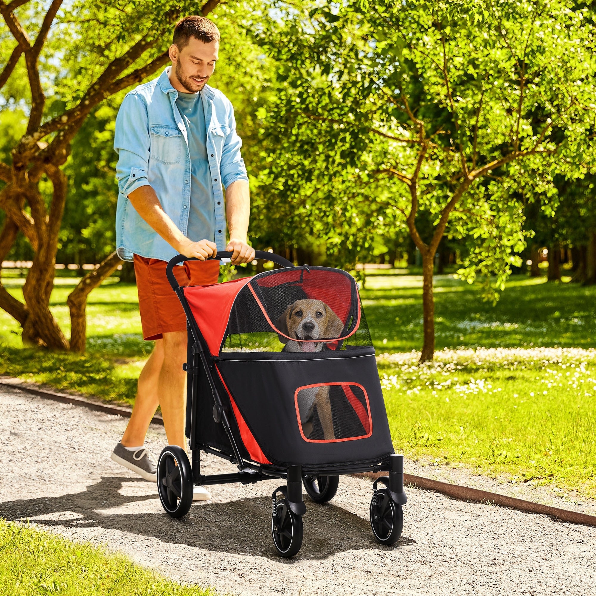 PawHut Foldable Pet Stroller, with Universal Wheels, Shock Absorber, for Medium and Large Dogs - Red - North Peak Garden Furniture