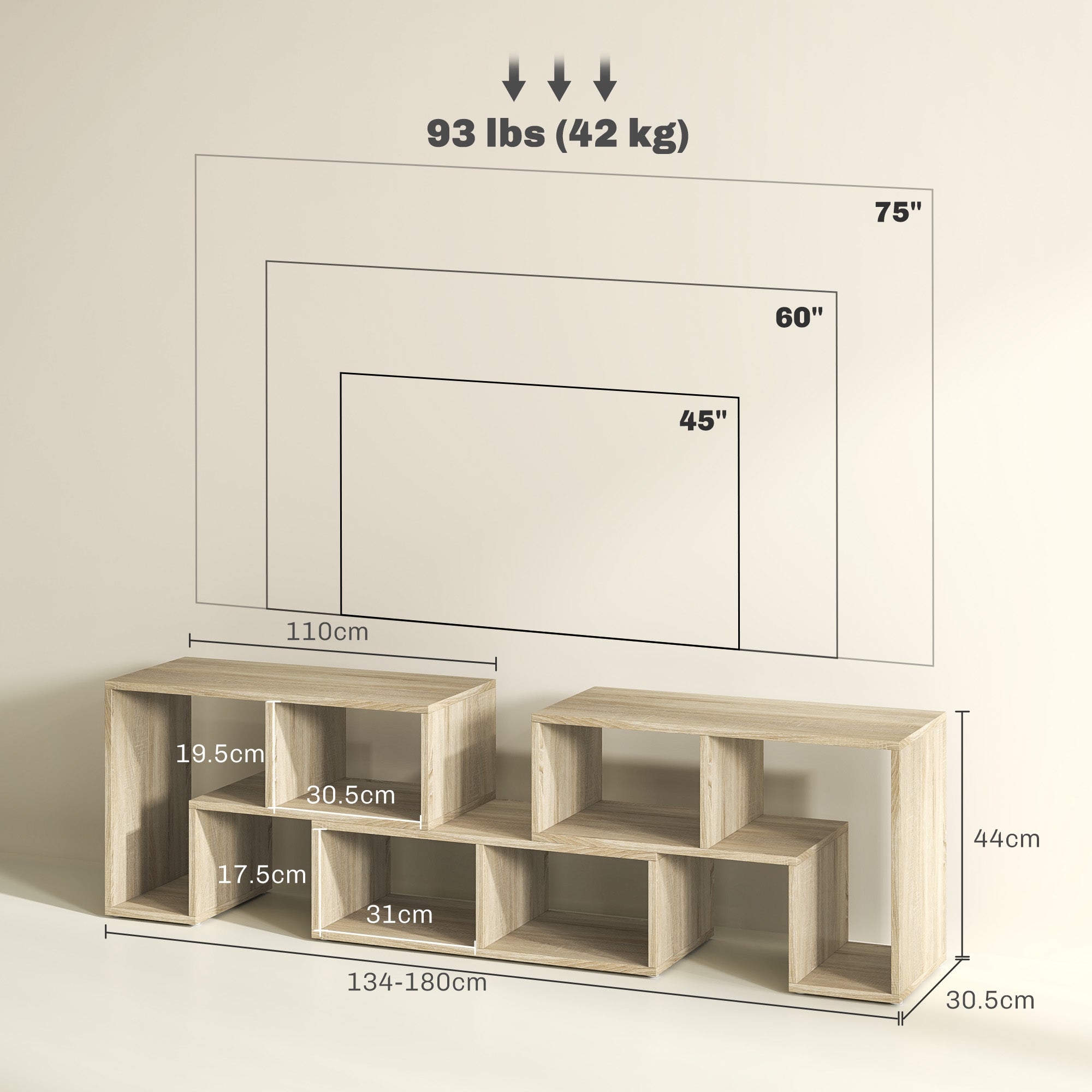 HOMCOM TV Stand for TVs up to 75 Inches, Free Combination TV Unit with Storage Shelves, Extendable Entertainment Centre for Living Room, Grey Oak Wood Grain