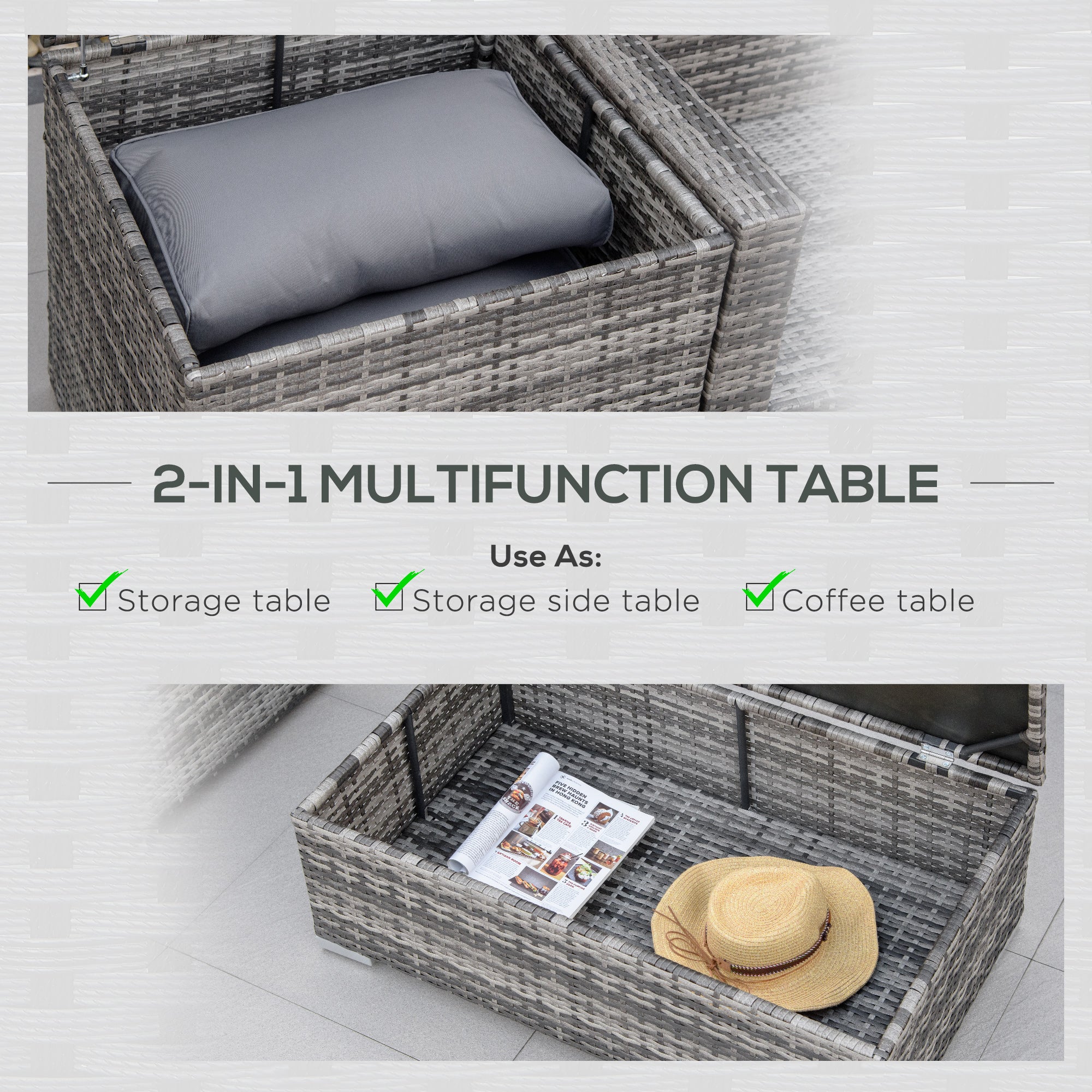 Outsunny 6PC Rattan Corner Sofa Set Wicker 4 Seater Garden Storage Coffee Table Conversation Ottoman Outdoor Weave Furniture w/ Cushion Grey