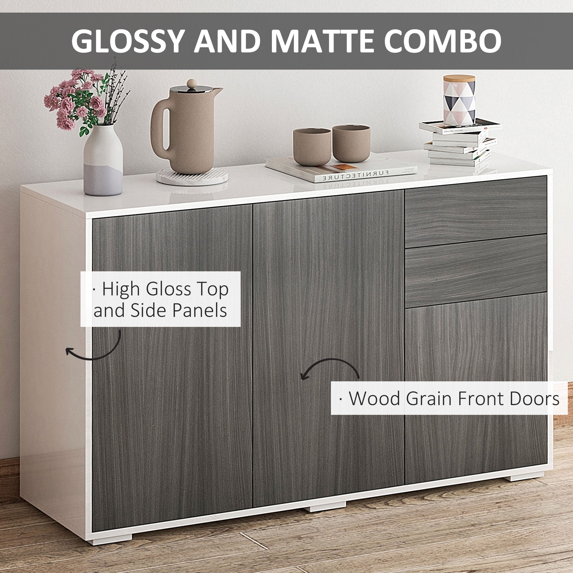 HOMCOM High Gloss Frame Sideboard, Side Cabinet, Push-Open Design with 2 Drawer for Living Room, Bedroom, Light Grey and White - North Peak Garden Furniture