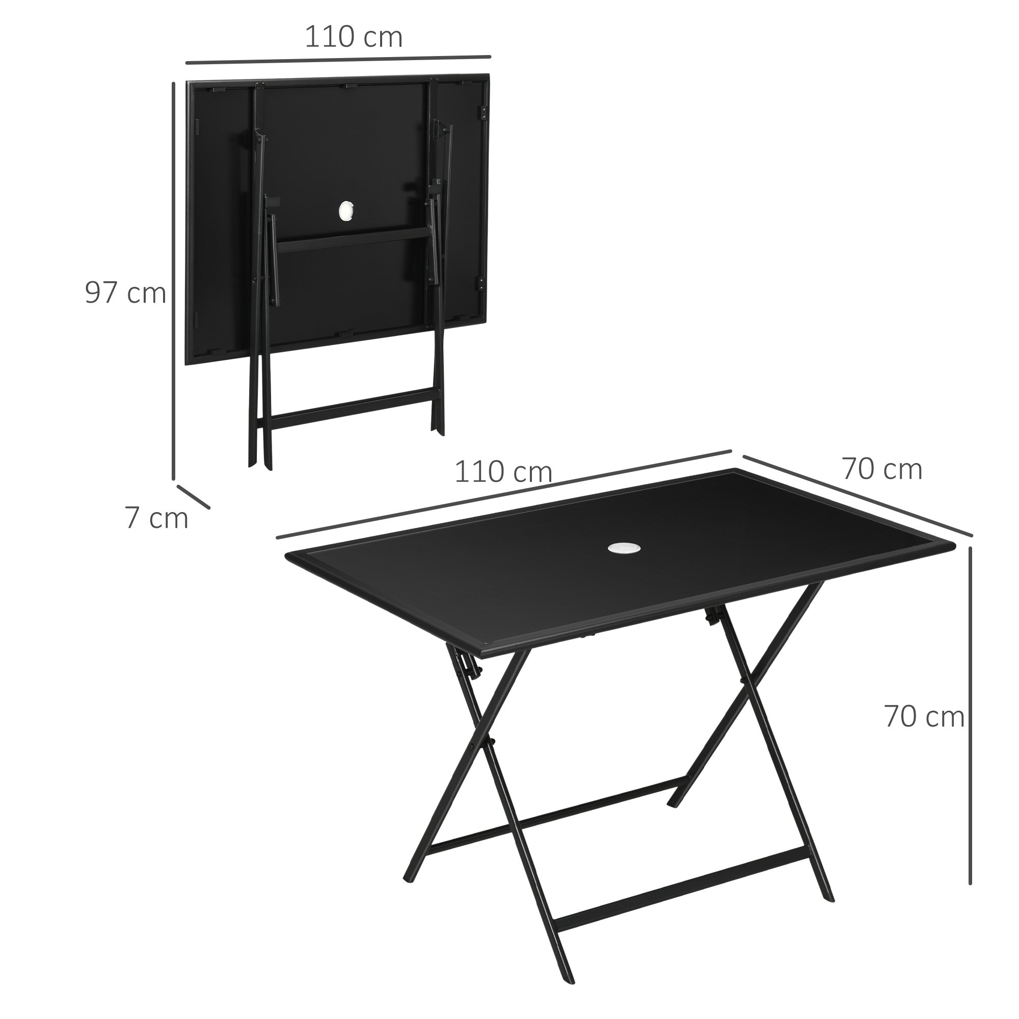 Outsunny Folding Outdoor Dining Table for 6, Rectangle Garden Table Tempered Glass Top with Parasol Hole Garden Lawn Backyard, 110 x 70 x 70 cm - North Peak Garden Furniture
