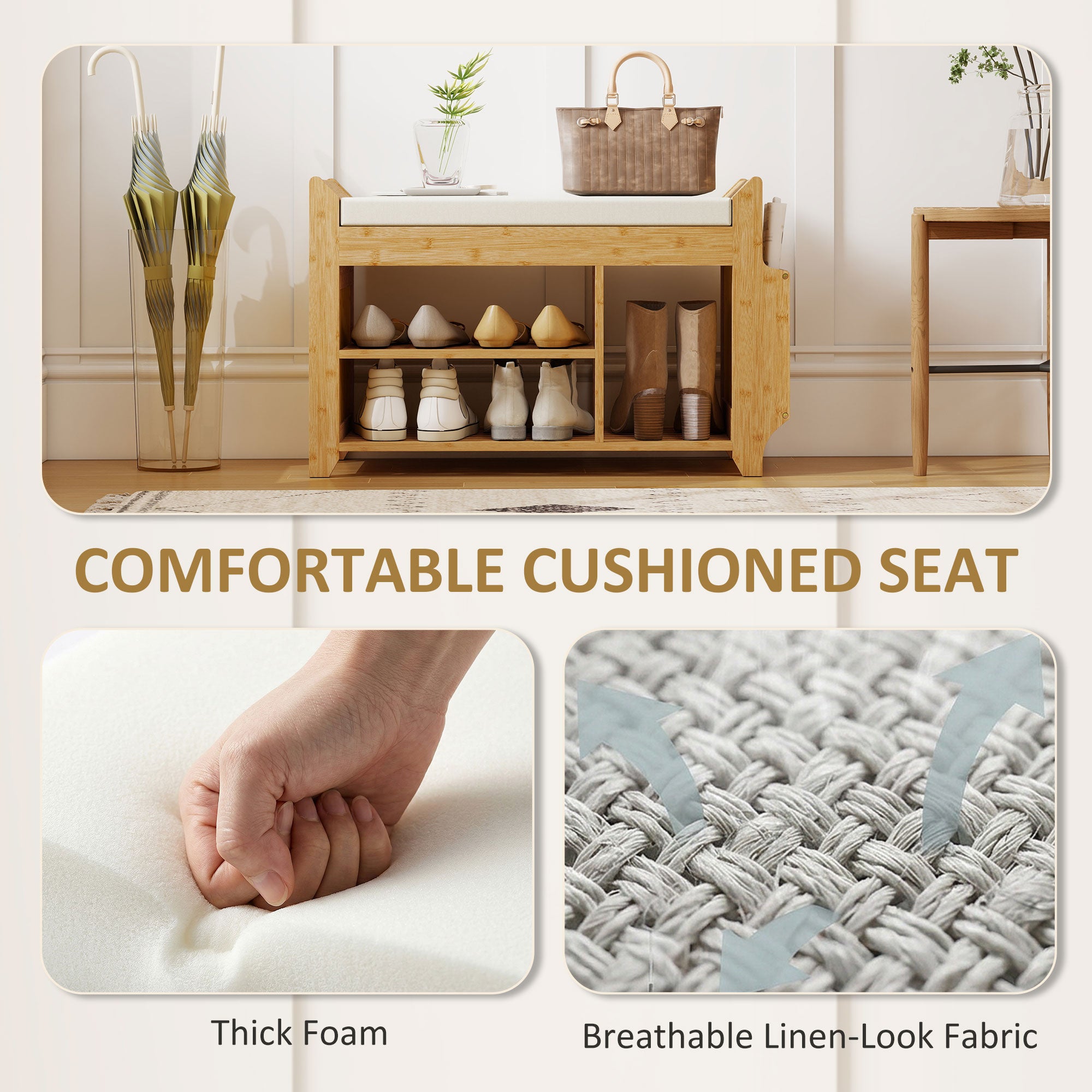 HOMCOM Shoe Bench 2-Tier Boot Section Entryway Storage Bench Cushioned Seat 80 x 30 x 50 cm Natural and Cream