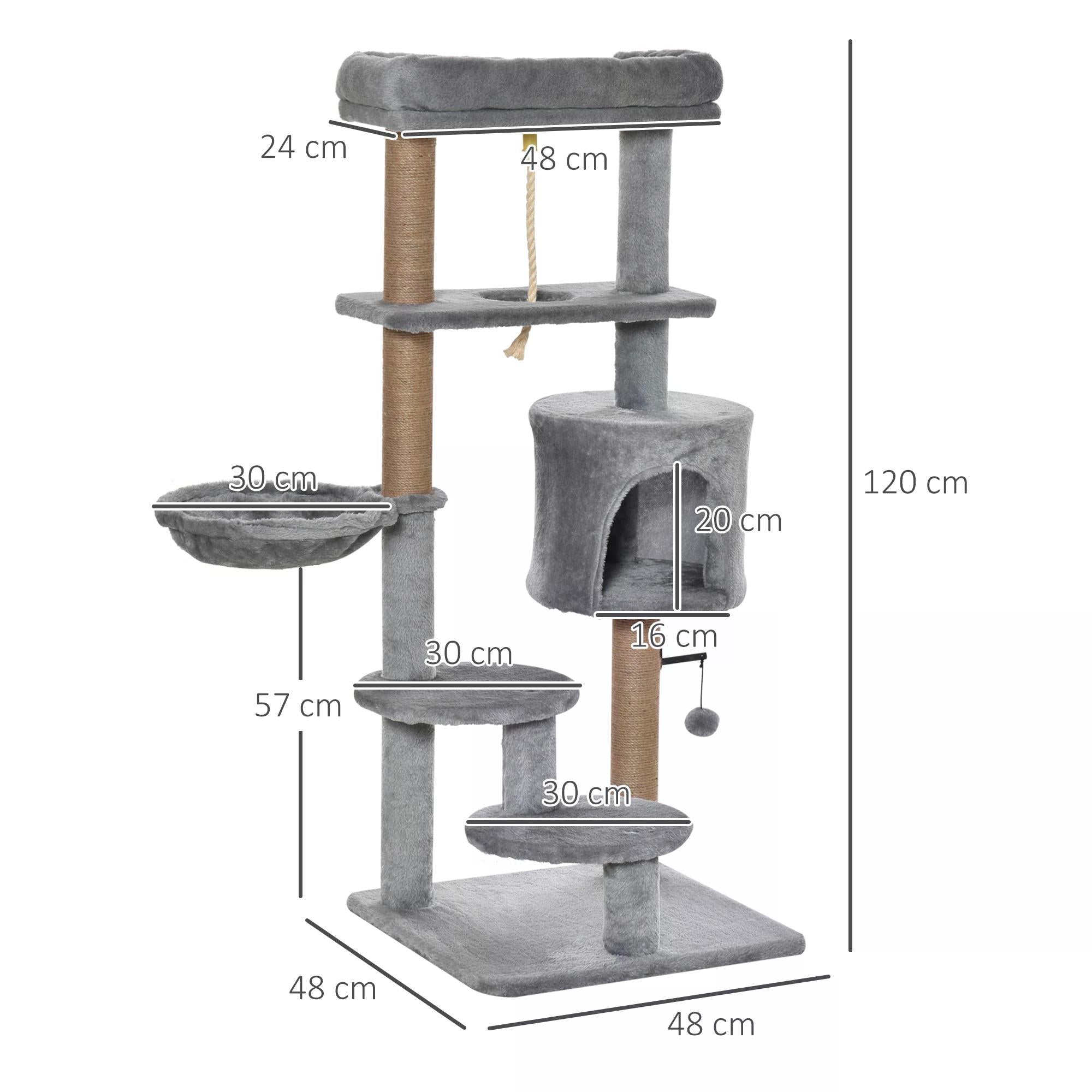 PawHut Cat Tree Tower for Indoor Cats 120cm Climbing Kitten Activity Center with Jute Scratching Post Perch Hanging Ball Hammock Teasing Rope Condo Toy Light Grey