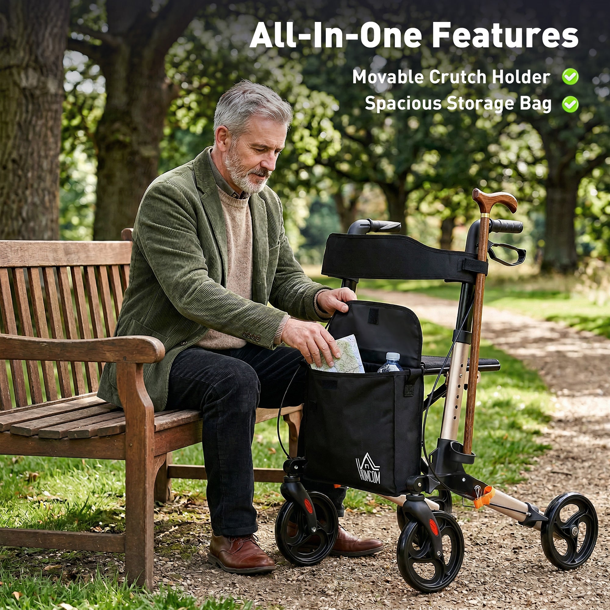 HOMCOM 4 Wheel Rollator with Seat and Back, Folding Mobility Walker with Carry Bag, Adjustable Height, Dual Brakes, Cane Holder, Lightweight Aluminium Walking Frame for Seniors and Disabled, Gold Tone