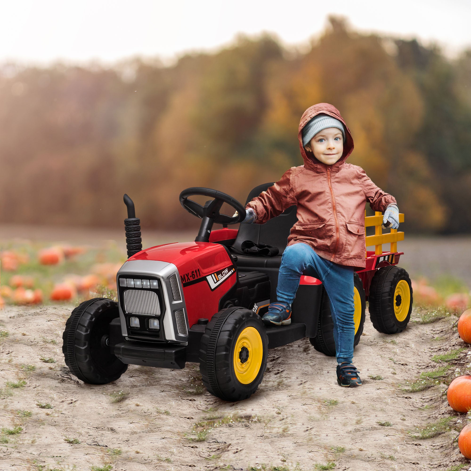 HOMCOM Ride On Tractor, Battery Powered Electric Car, with Detachable Trailer, Remote Control, Music - Red - North Peak Garden Furniture