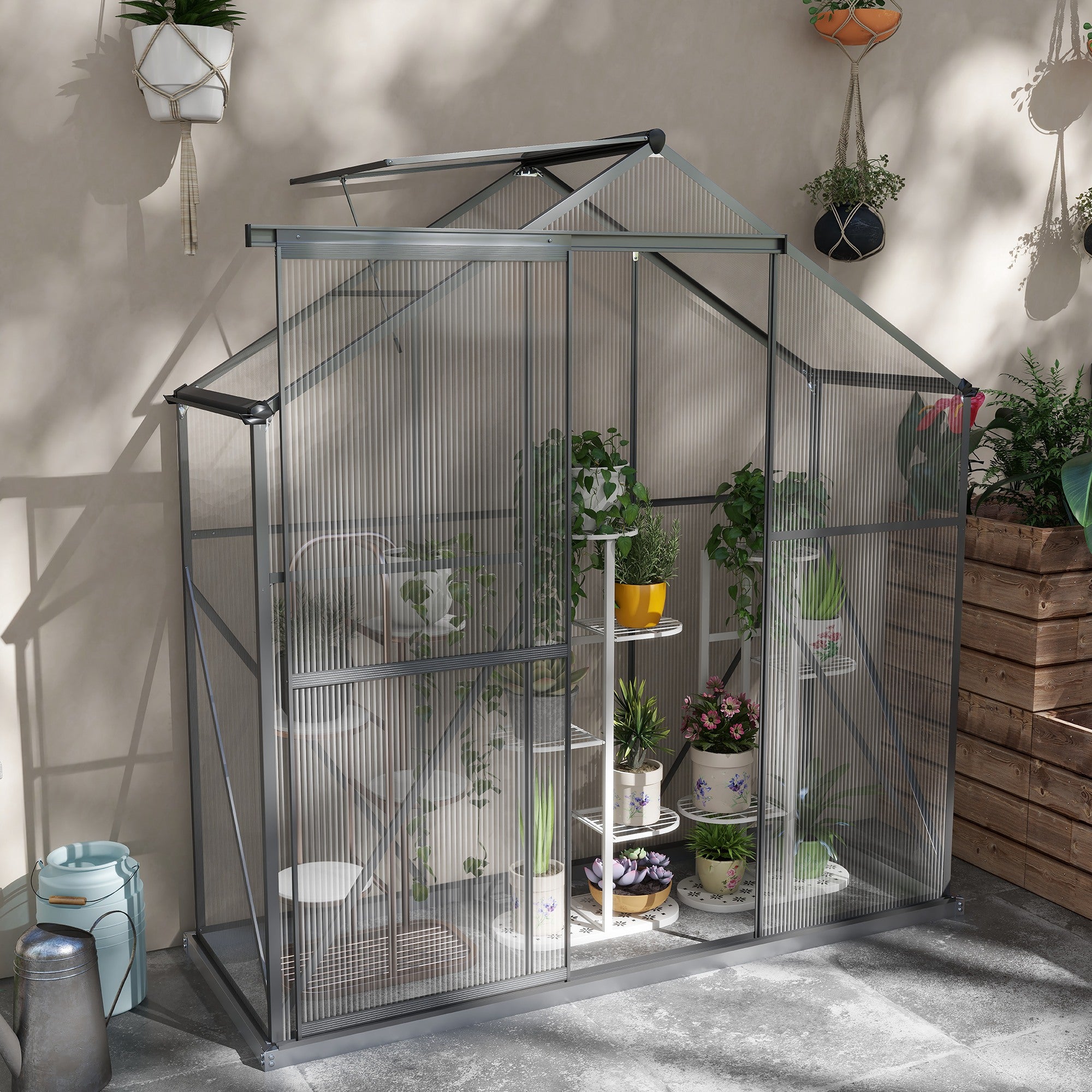 Outsunny 6 x 2.5ft Polycarbonate Greenhouse Walk-In Green House with Rain Gutter, Sliding Door, Window, Foundation, Dark Grey - North Peak Garden Furniture