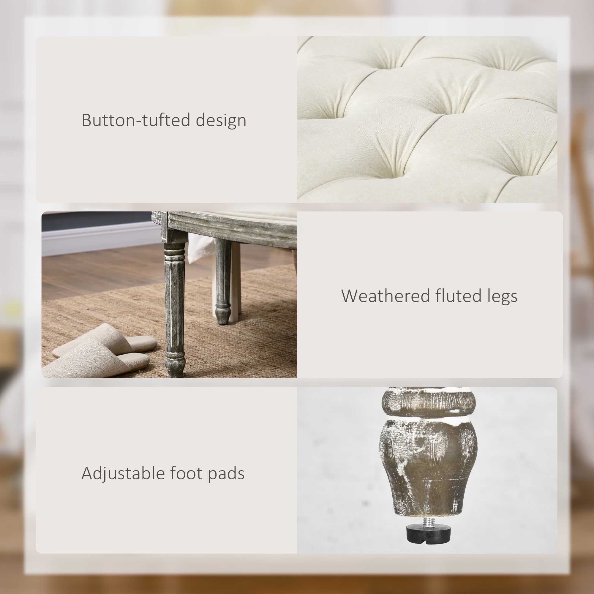 HOMCOM Half-Circle End Bench Ottoman Footstool Tufting Padded Seat Brushed Wood Base Antique Accents Home Seat Furniture Cream White and Light Wood Grain Leg - North Peak Garden Furniture